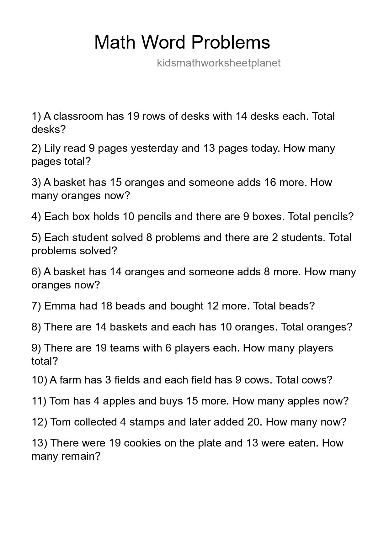 Math Word Problem Worksheet
