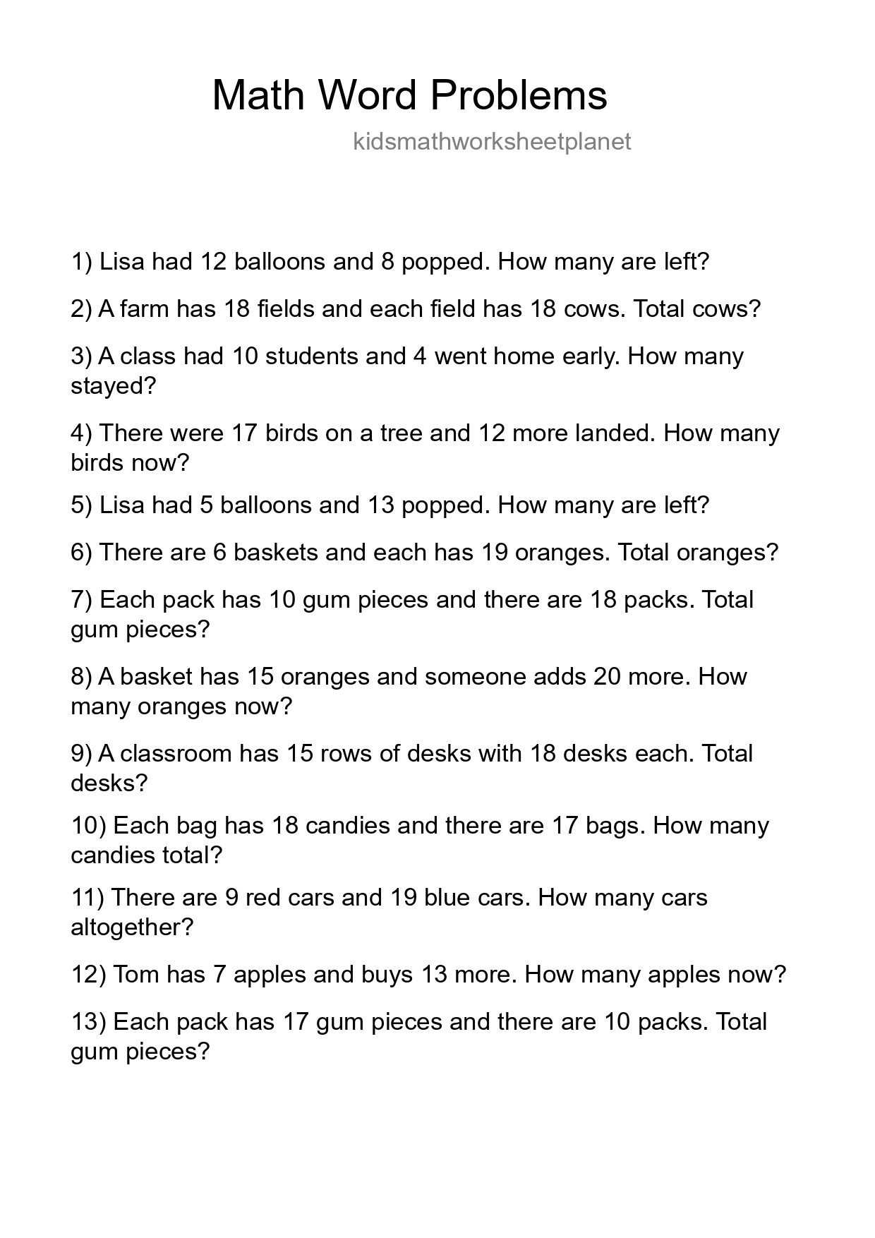 Math Word Problem Worksheet