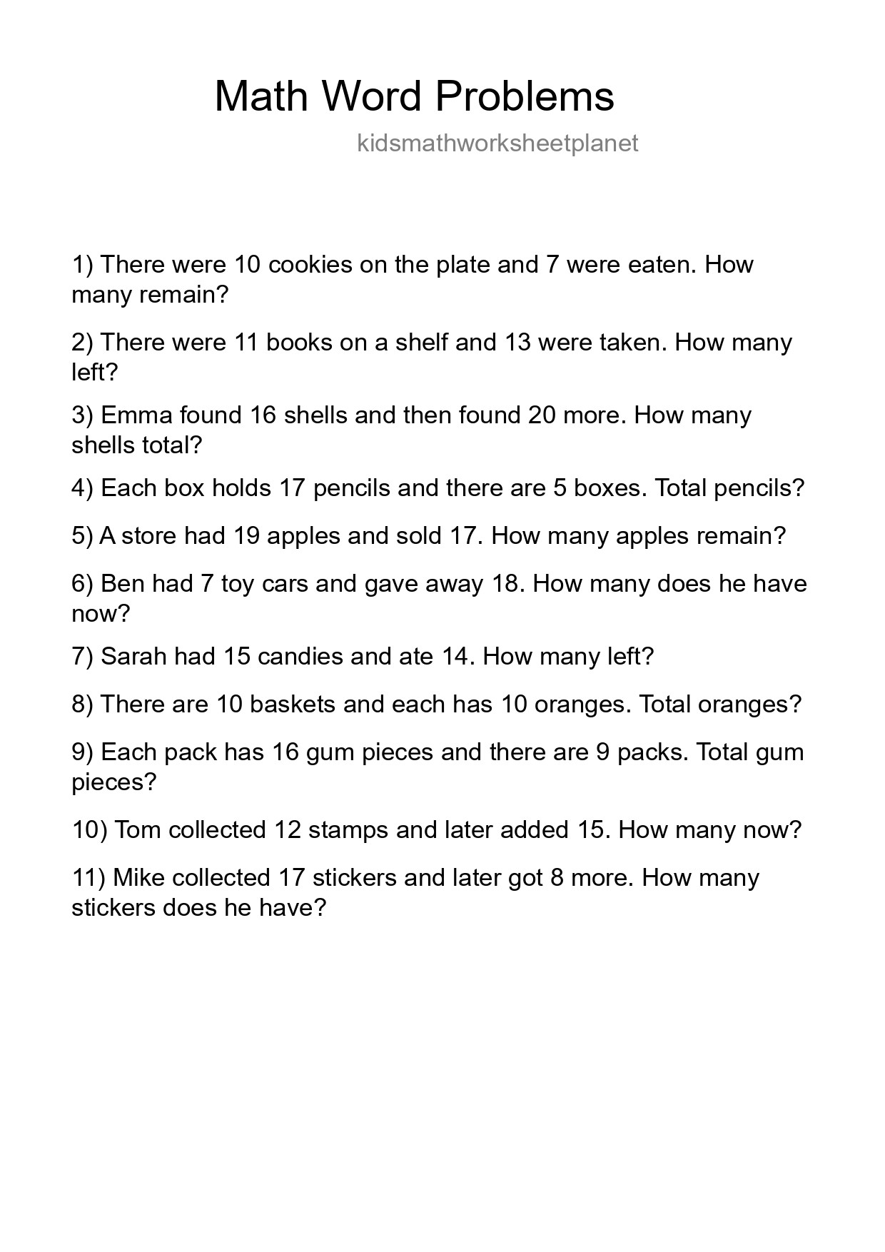 Math Word Problem Worksheet