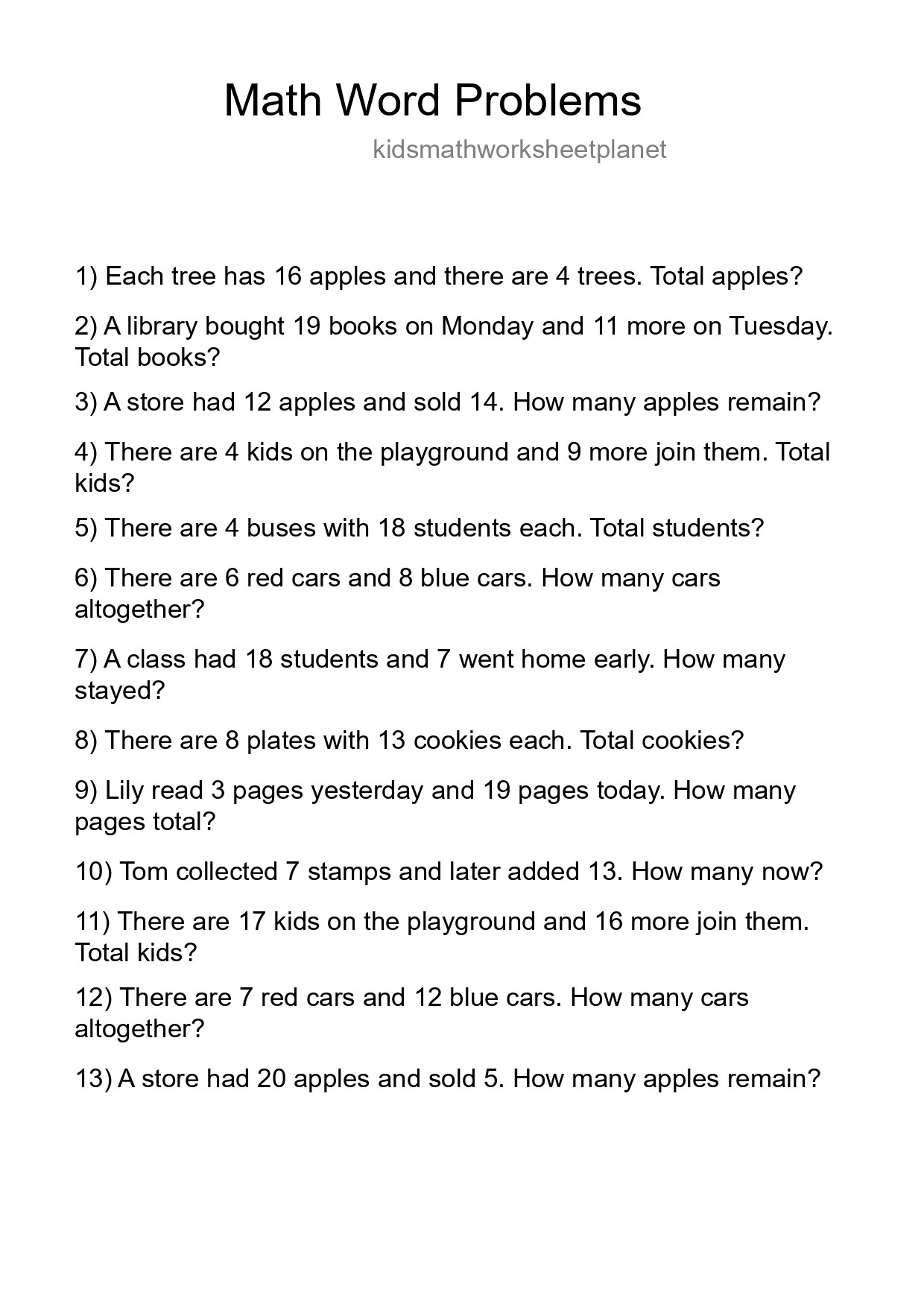 Math Word Problem Worksheet