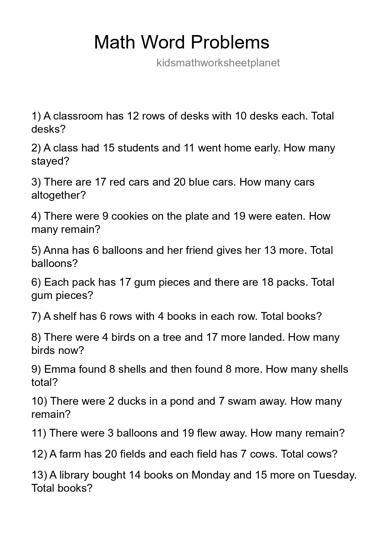 Math Word Problem Worksheet