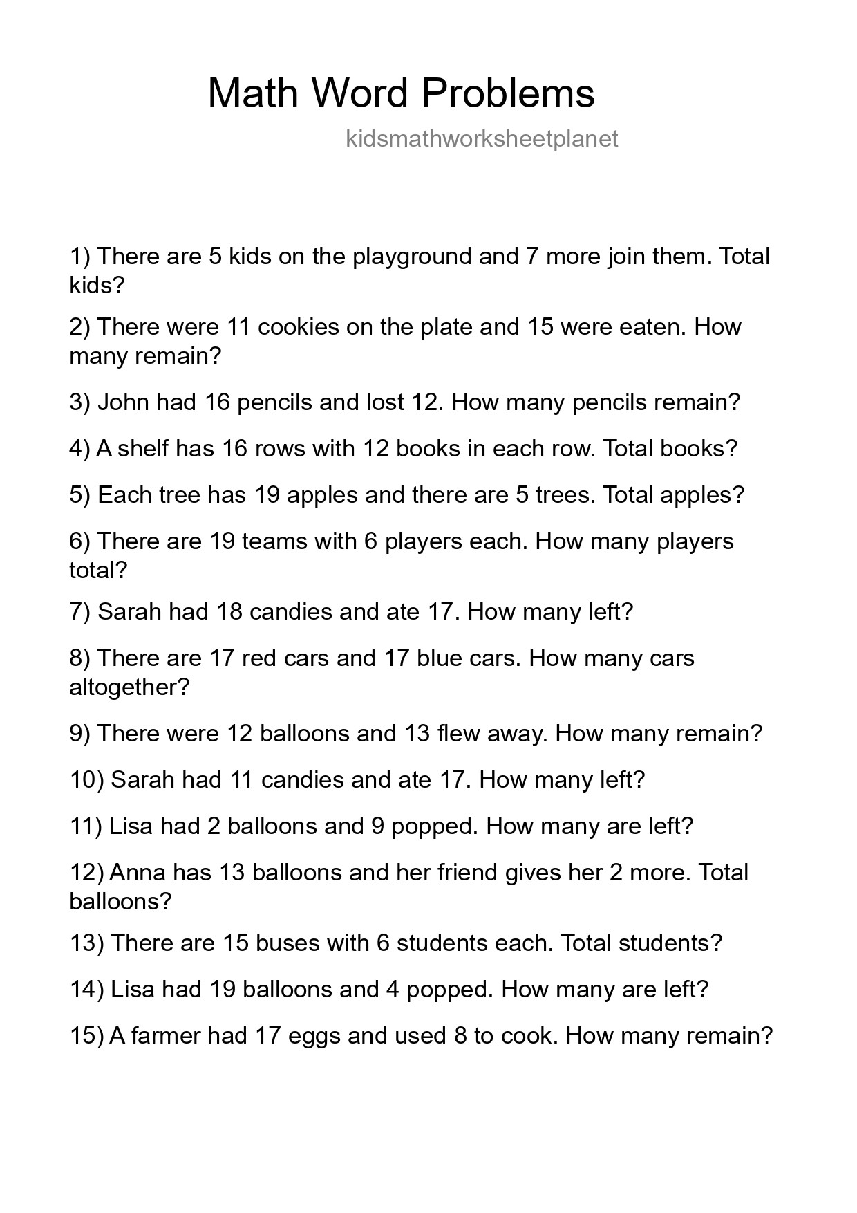 Math Word Problem Worksheet