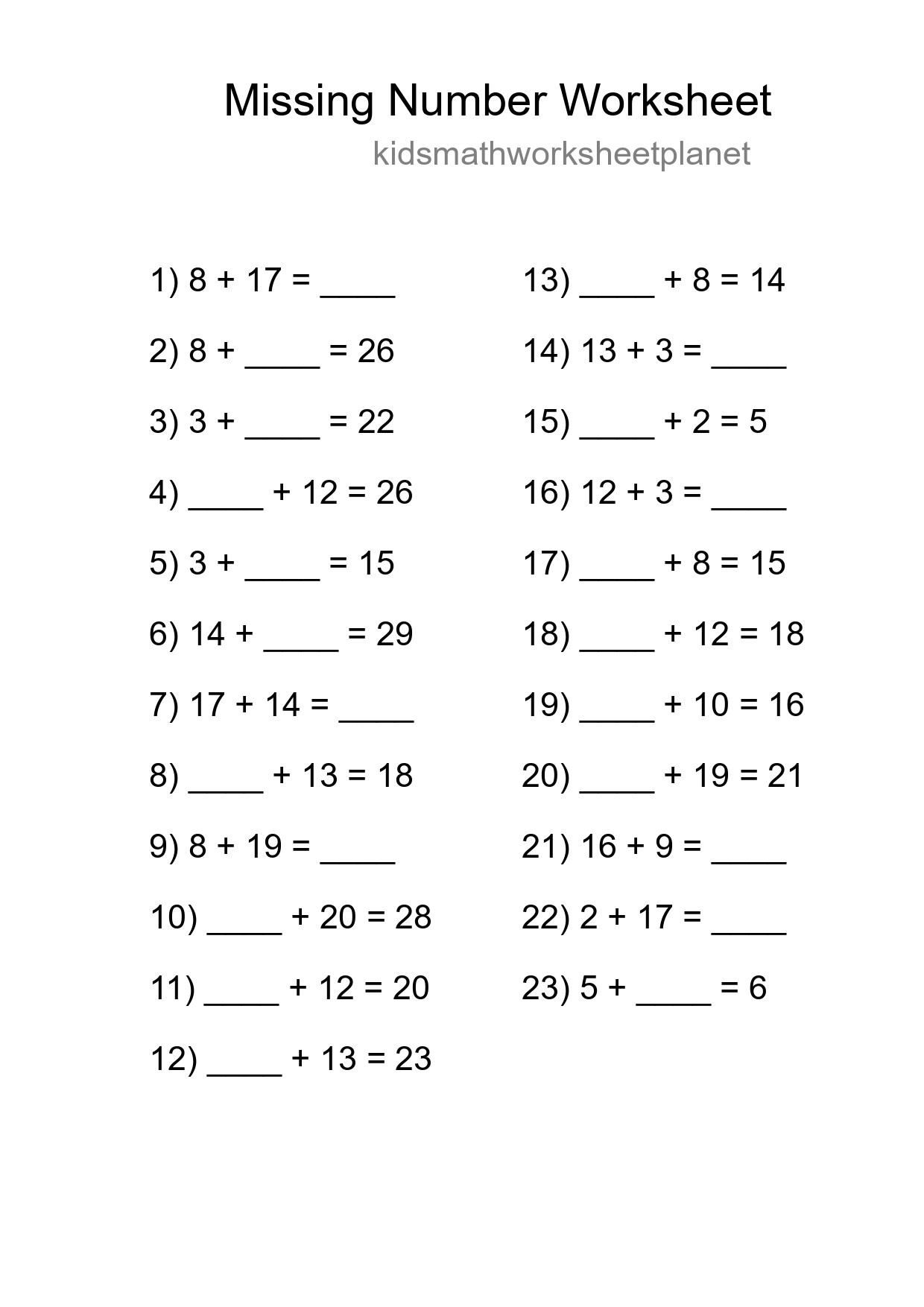 Missing Number Math Worksheet