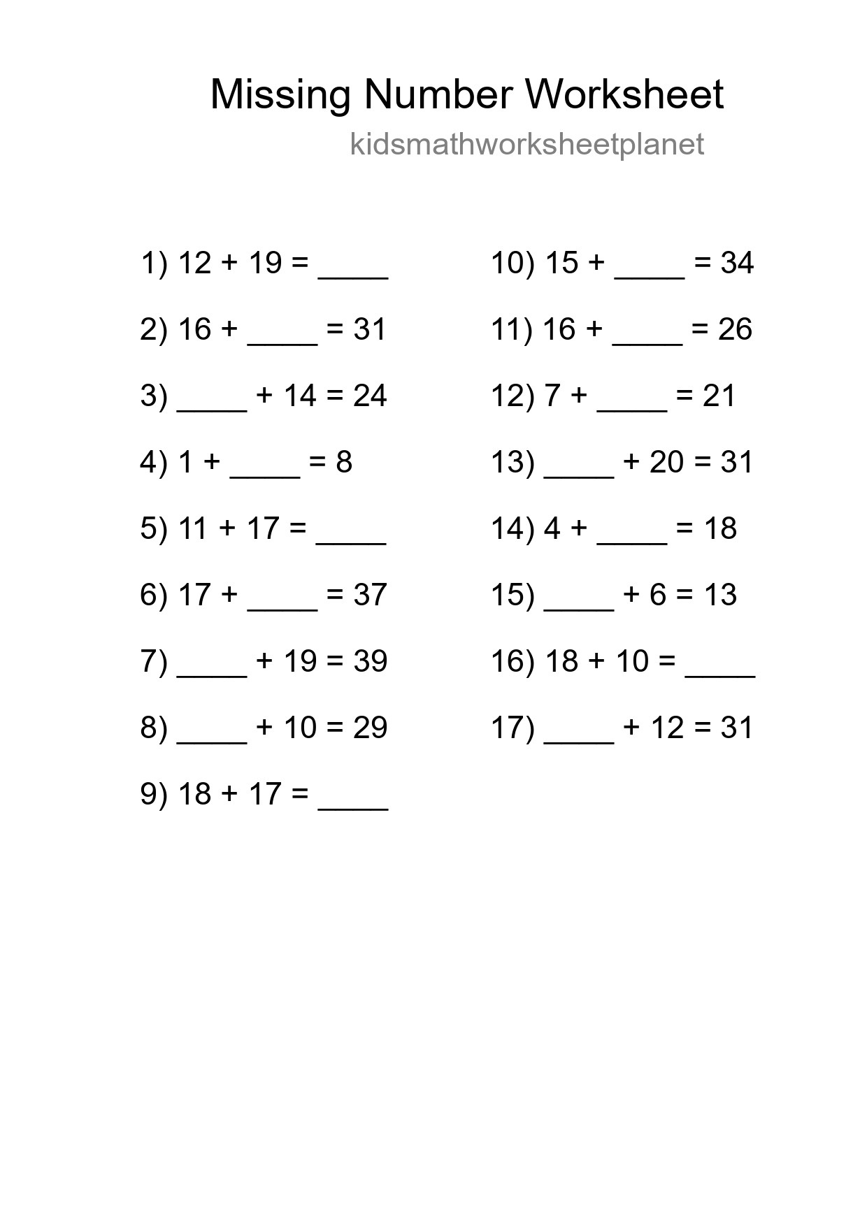 Missing Number Math Worksheet