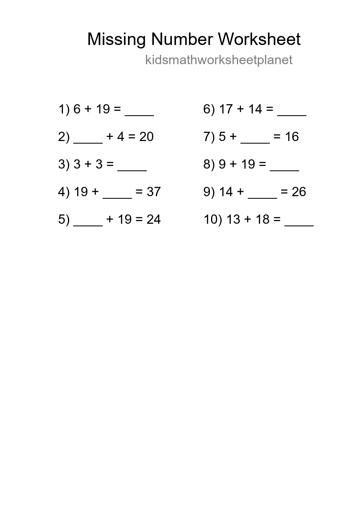 Missing Number Math Worksheet