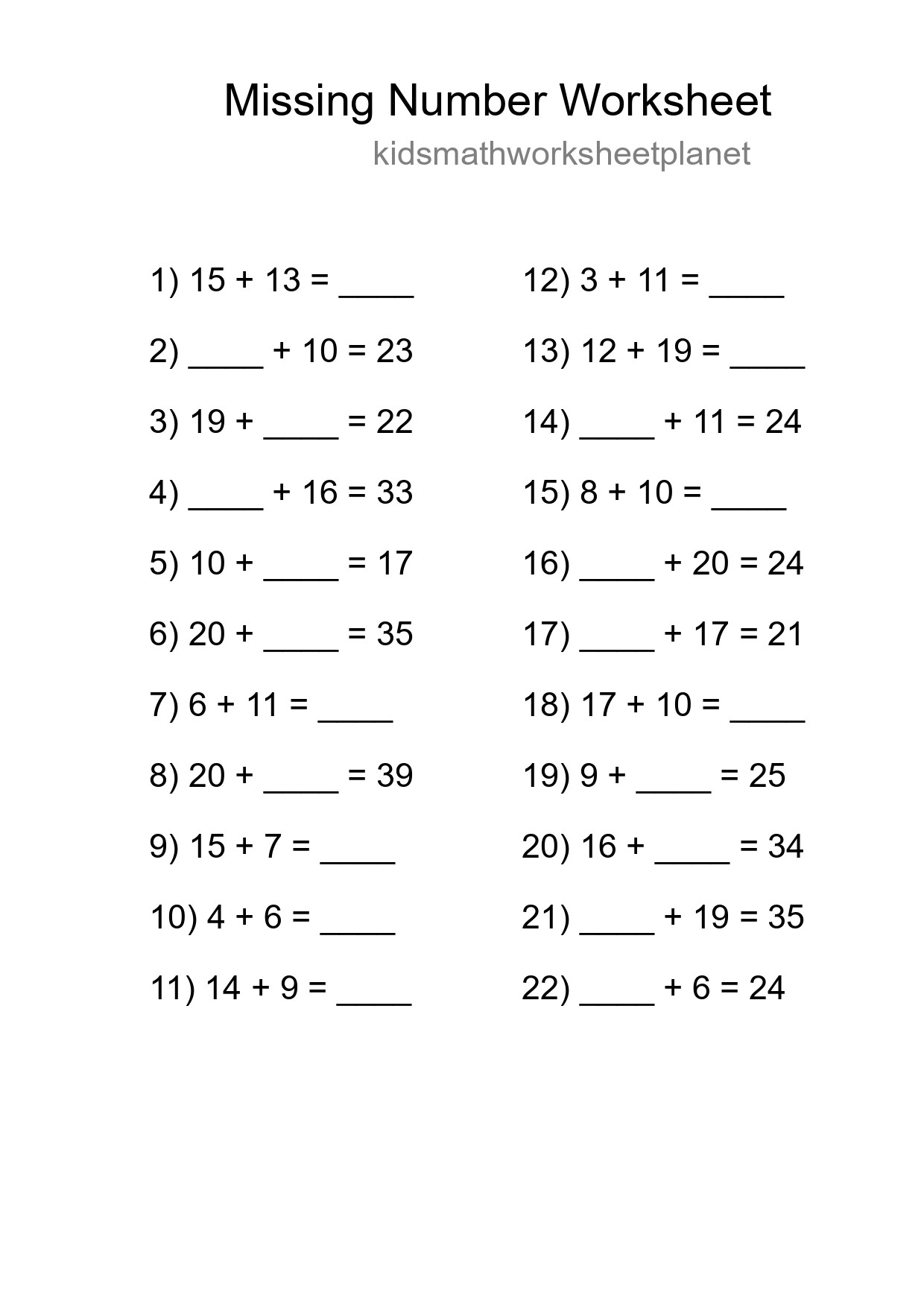Missing Number Math Worksheet