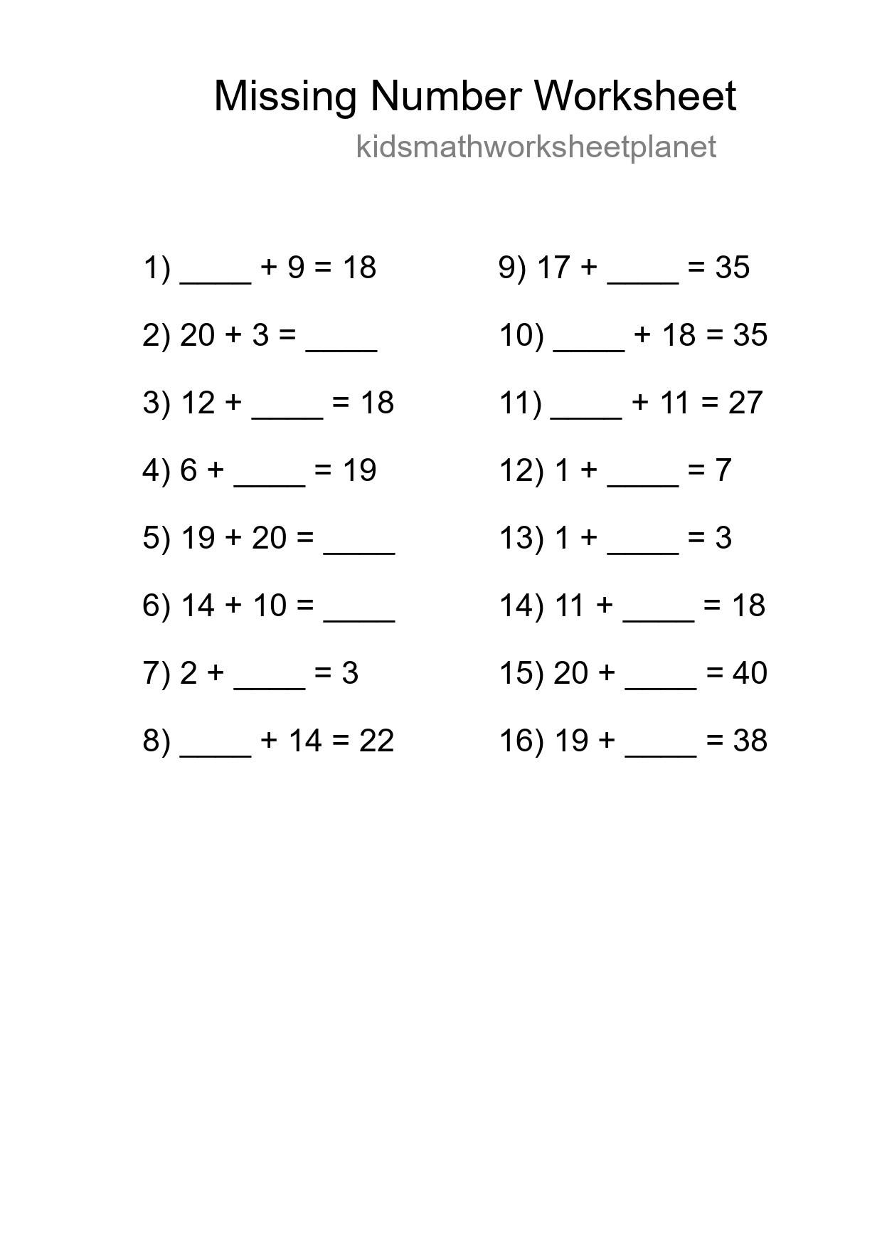 Missing Number Math Worksheet
