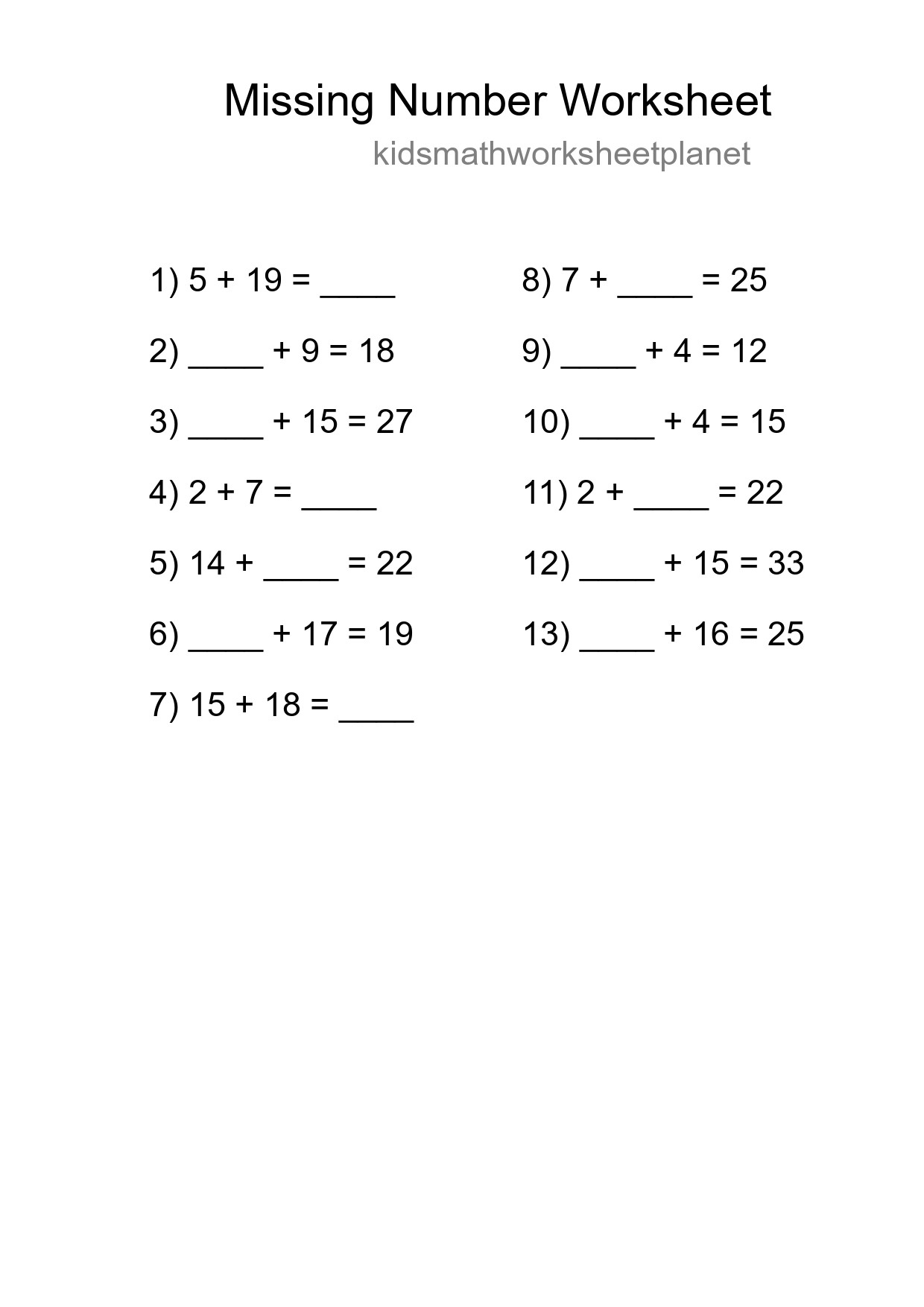 Missing Number Math Worksheet