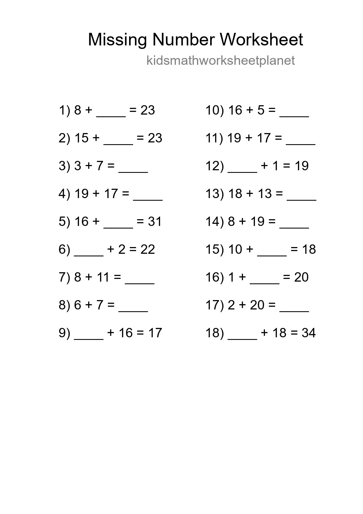 Missing Number Math Worksheet