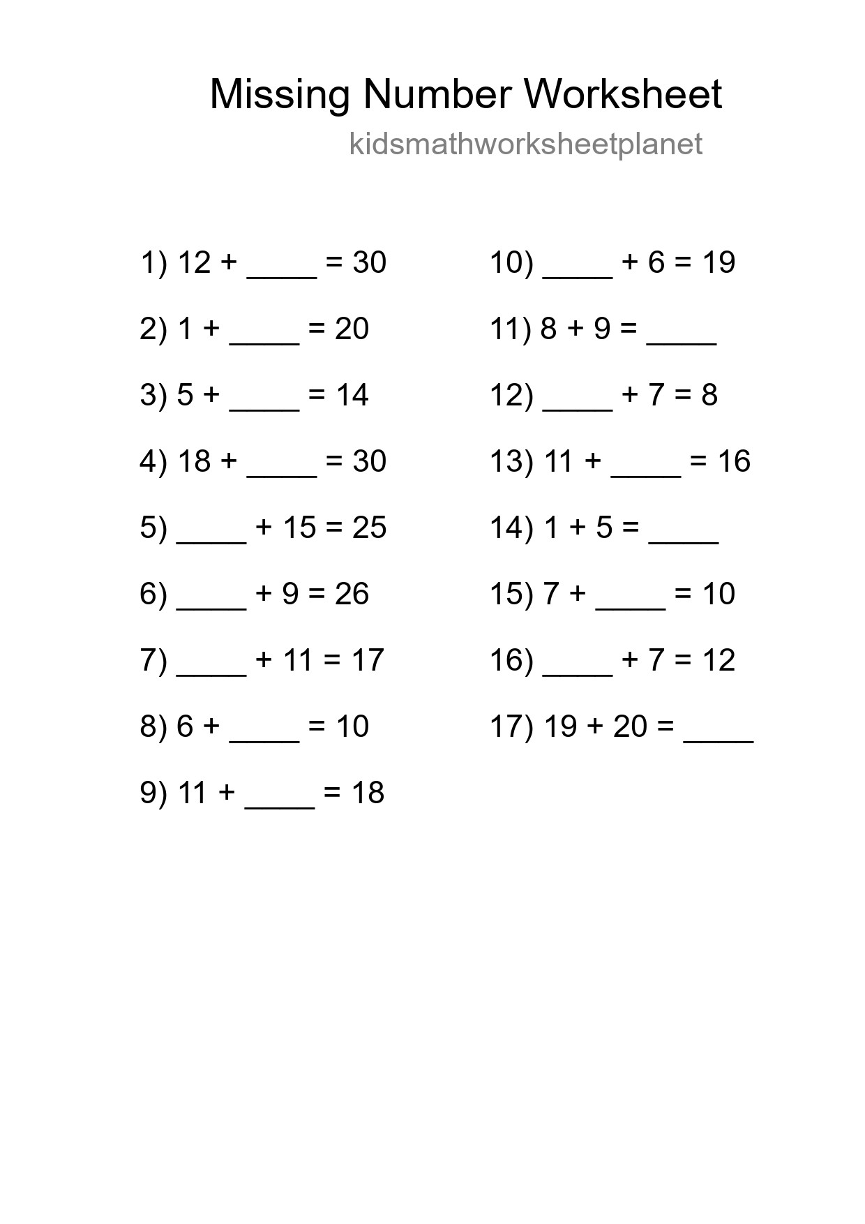Missing Number Math Worksheet