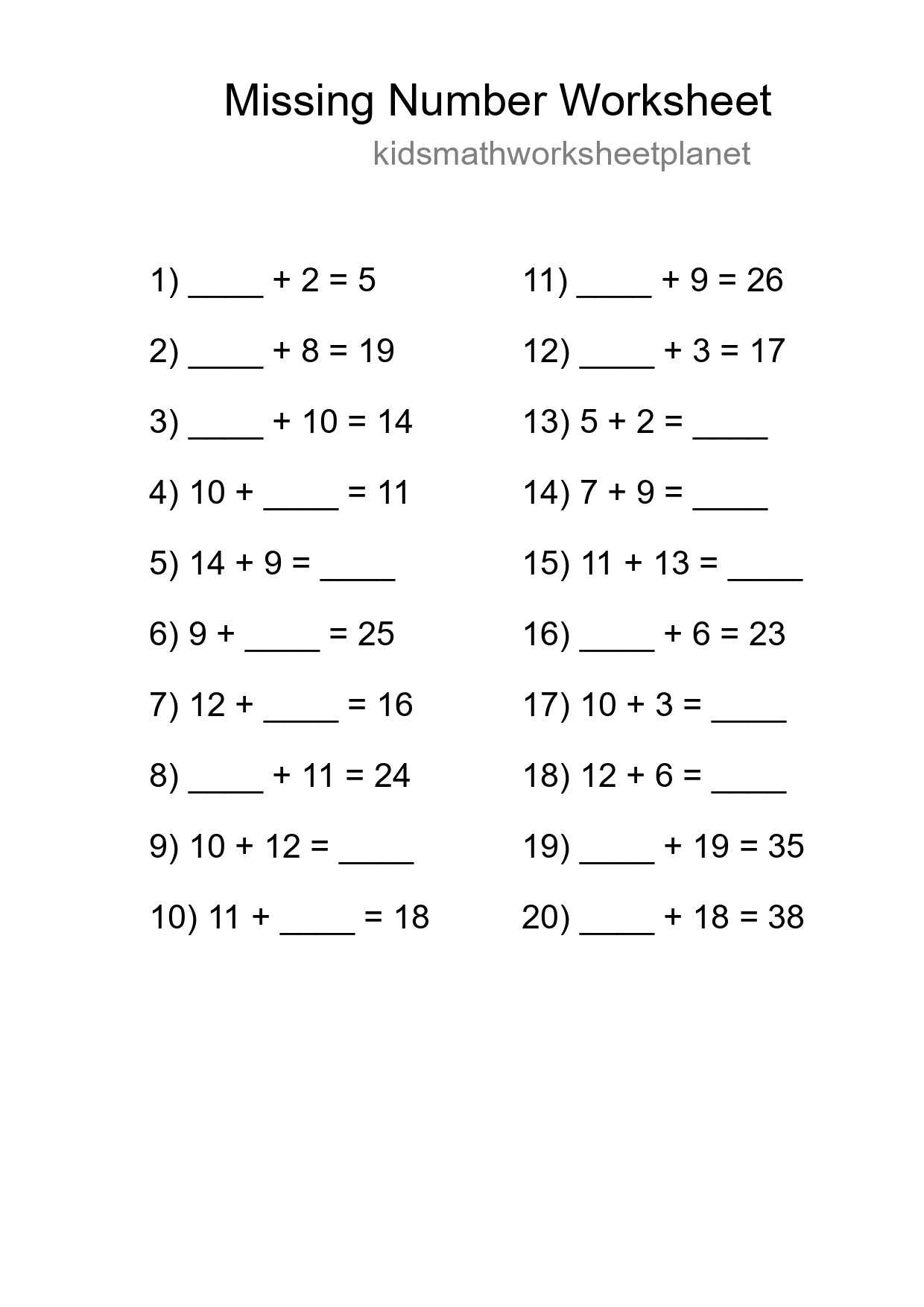 Missing Number Math Worksheet