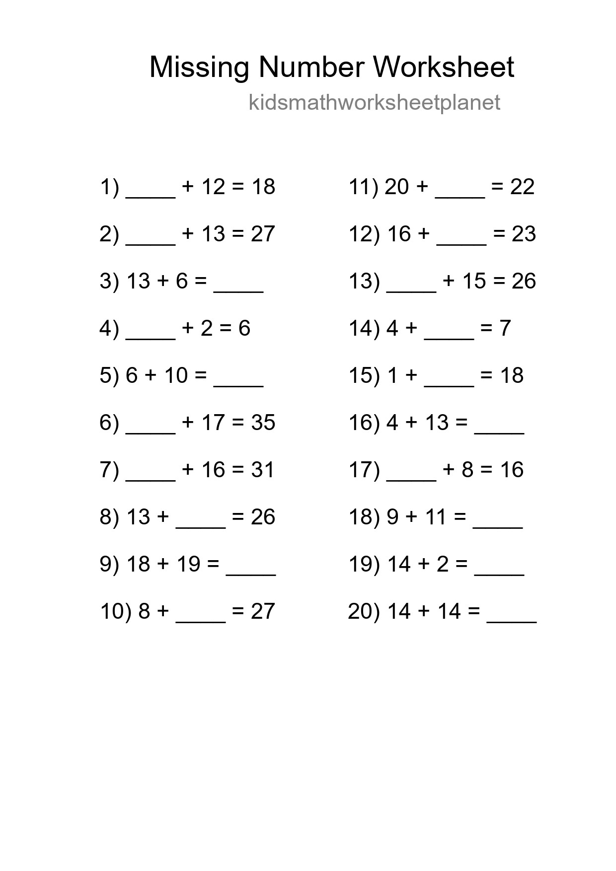 Missing Number Math Worksheet