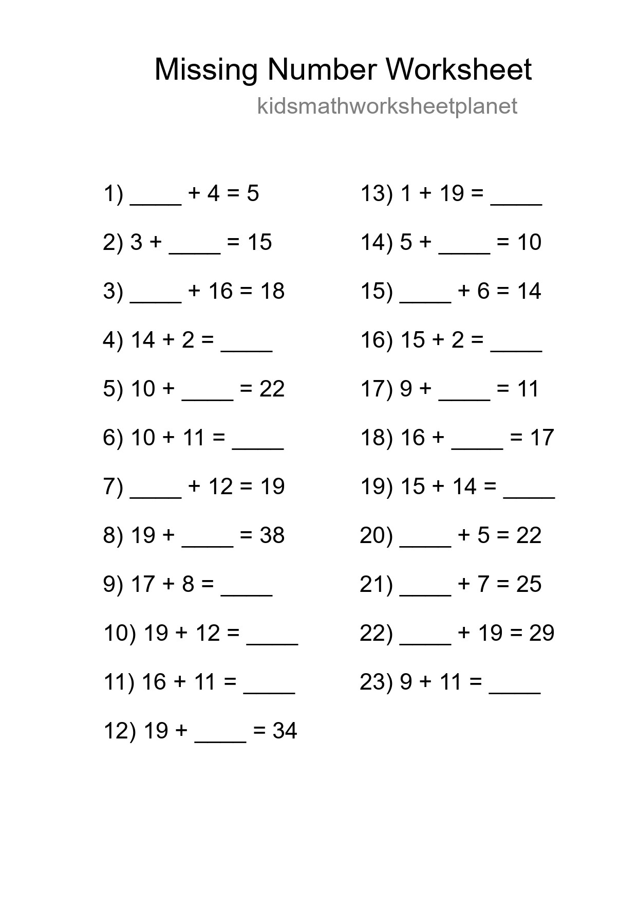 Missing Number Math Worksheet