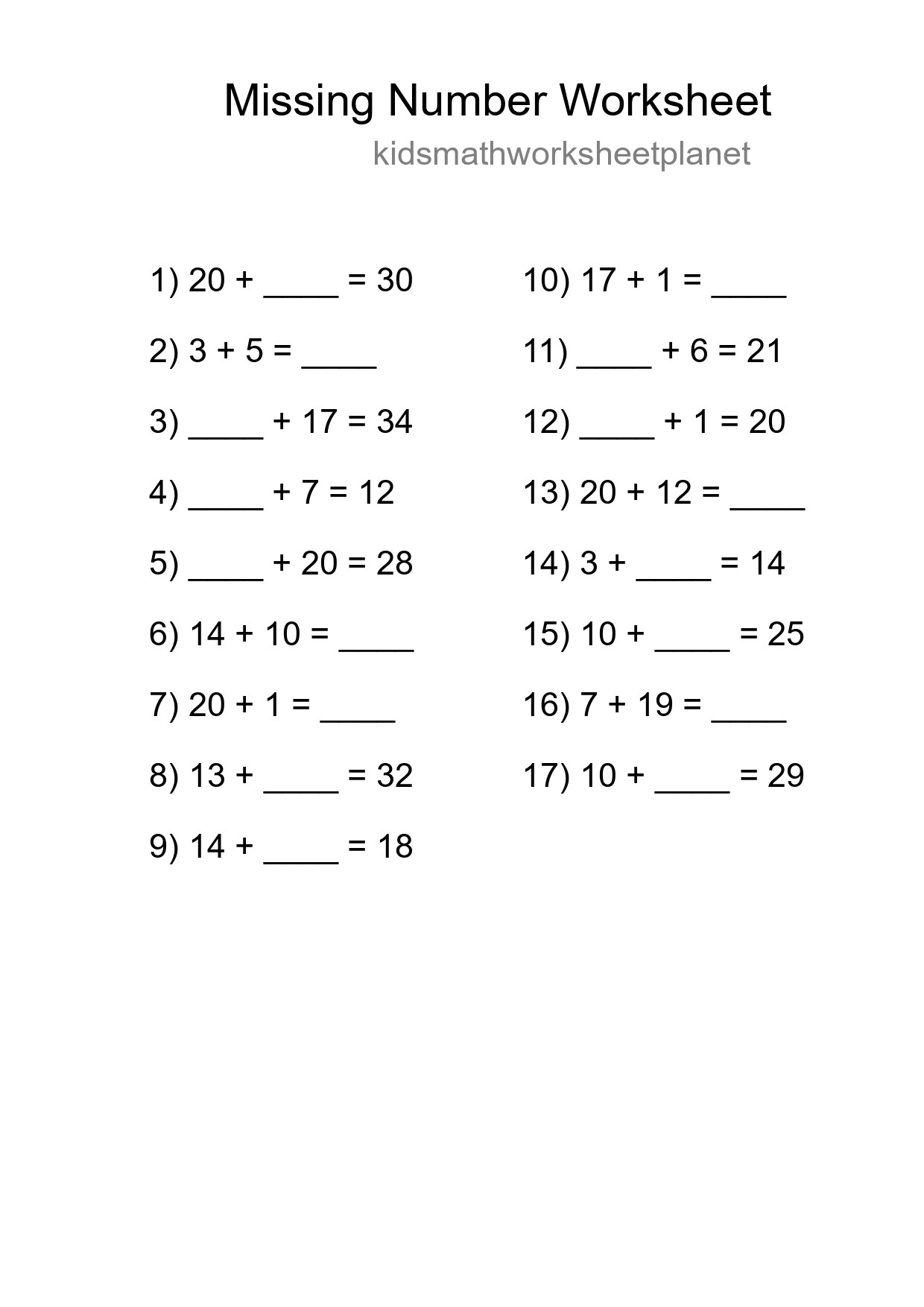 Missing Number Math Worksheet