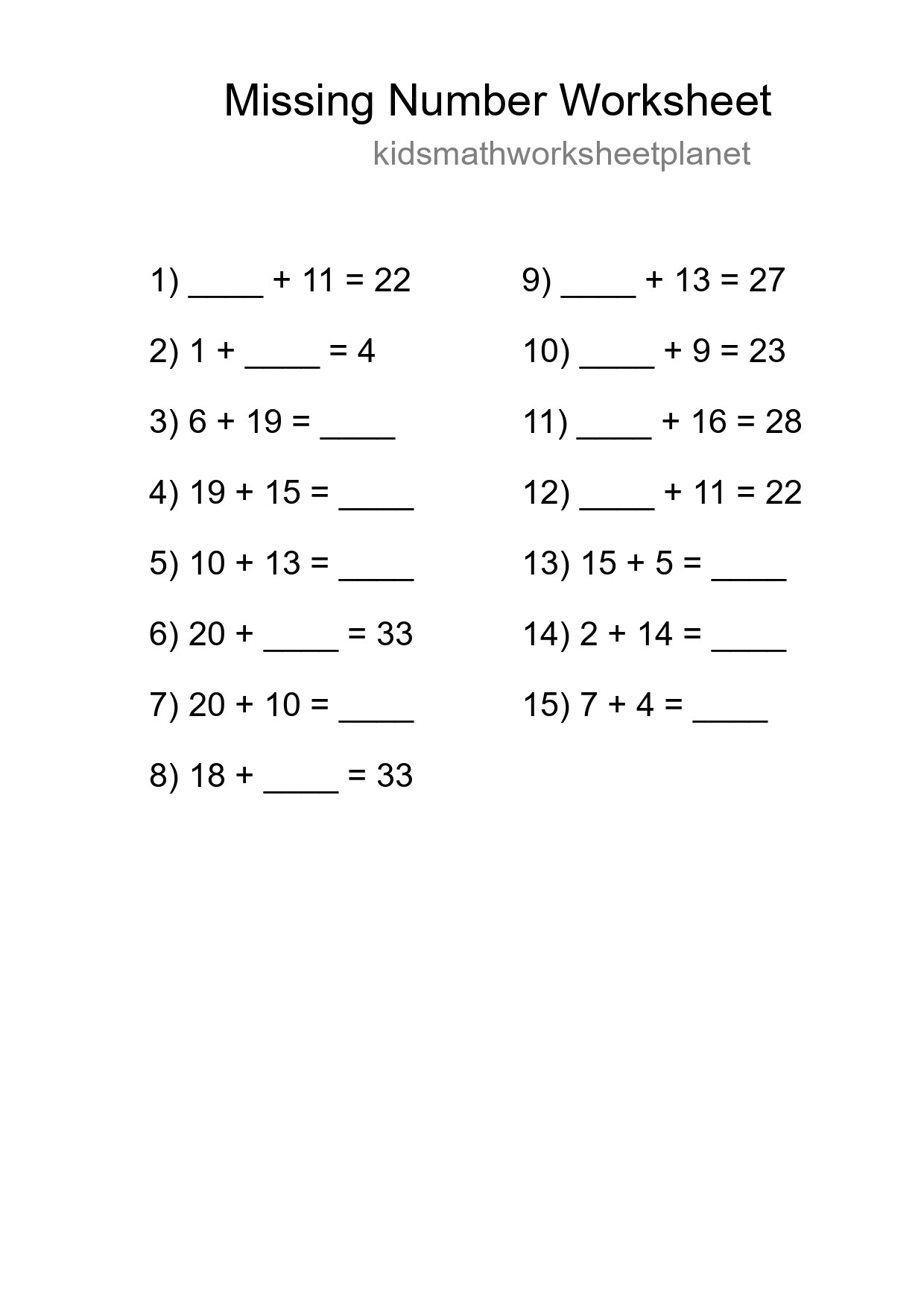Missing Number Math Worksheet