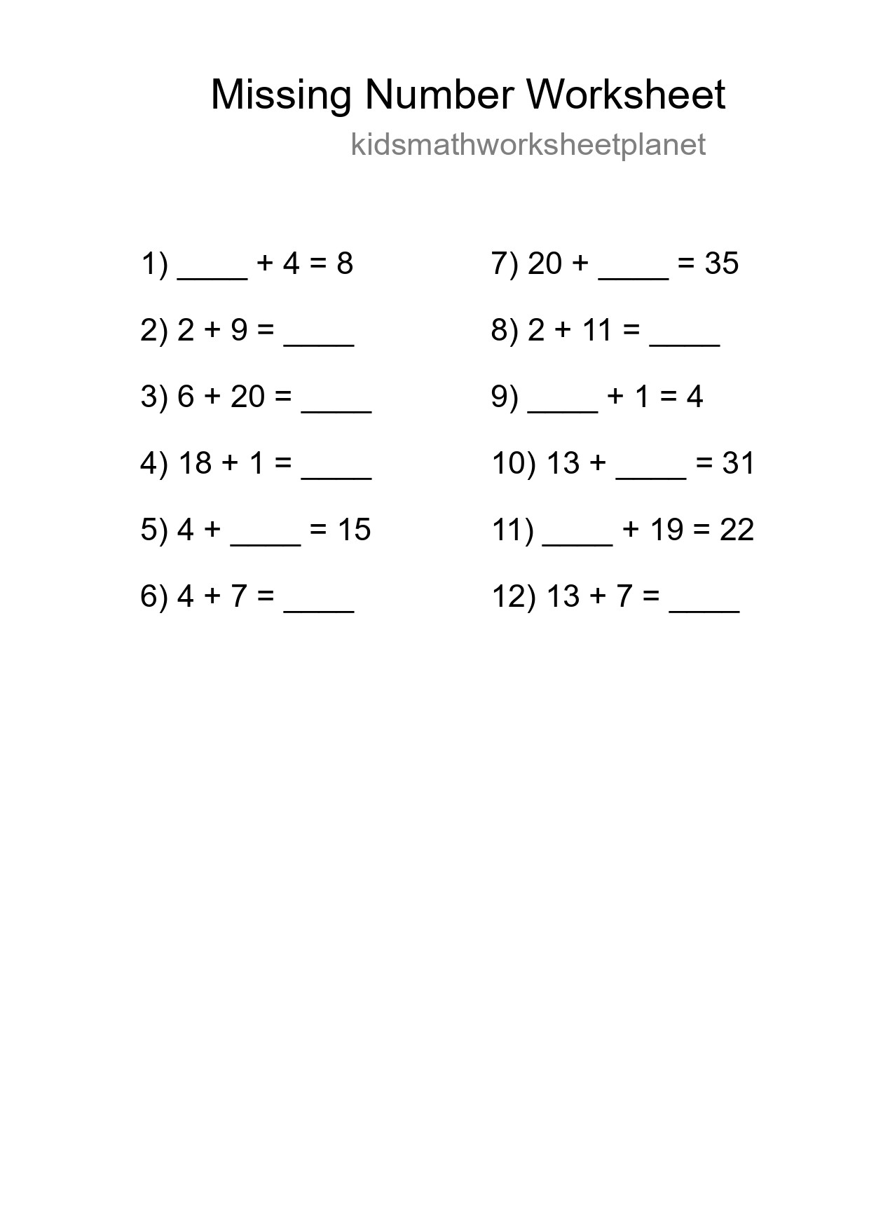 Missing Number Math Worksheet