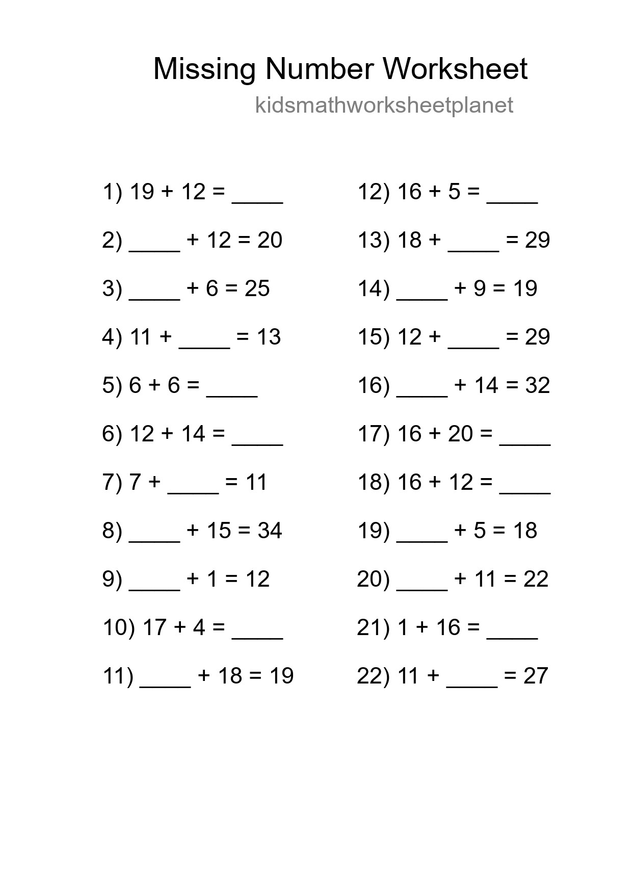 Missing Number Math Worksheet