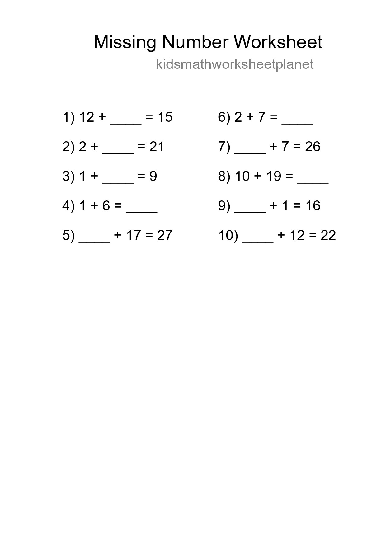 Missing Number Math Worksheet