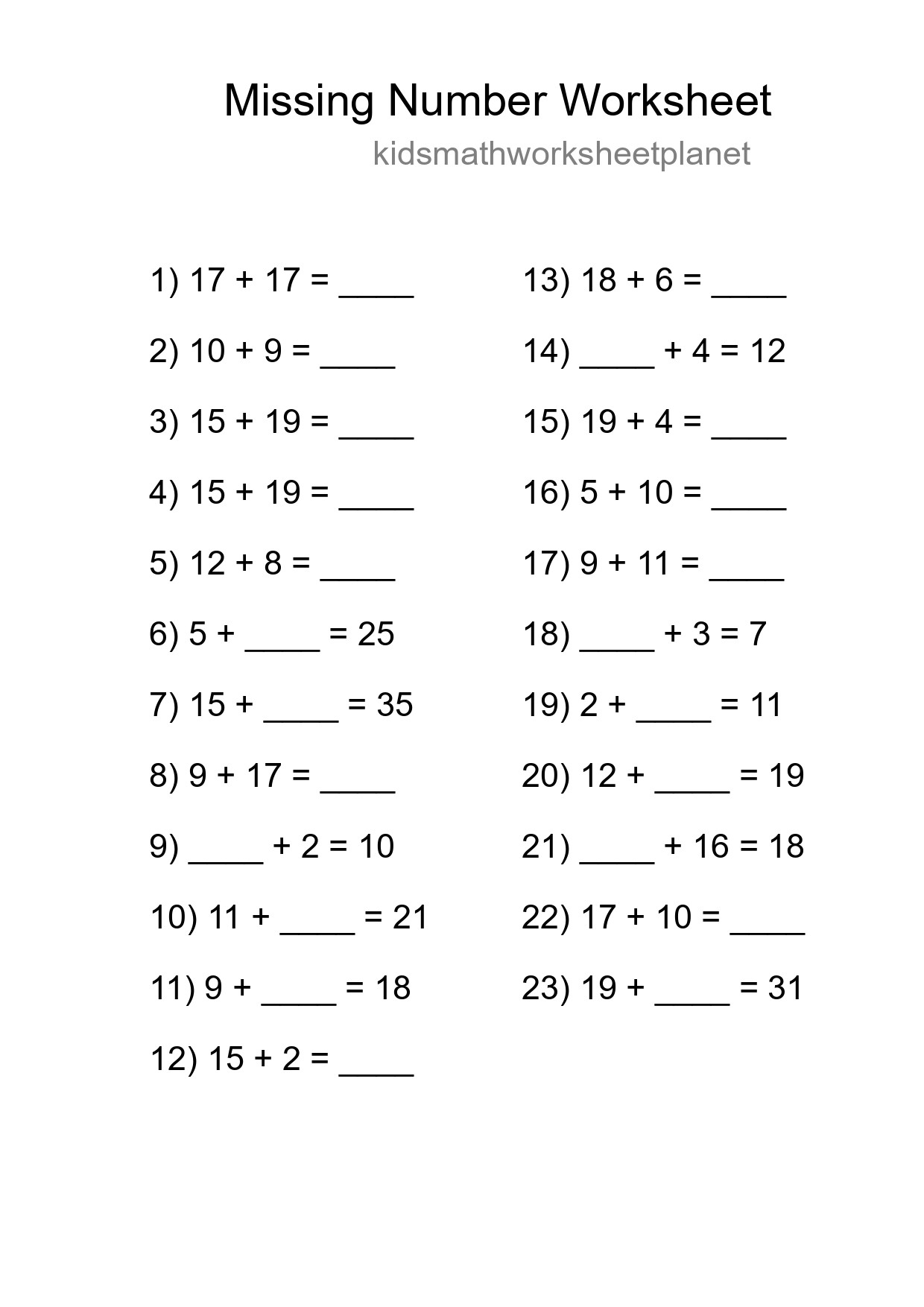 Missing Number Math Worksheet