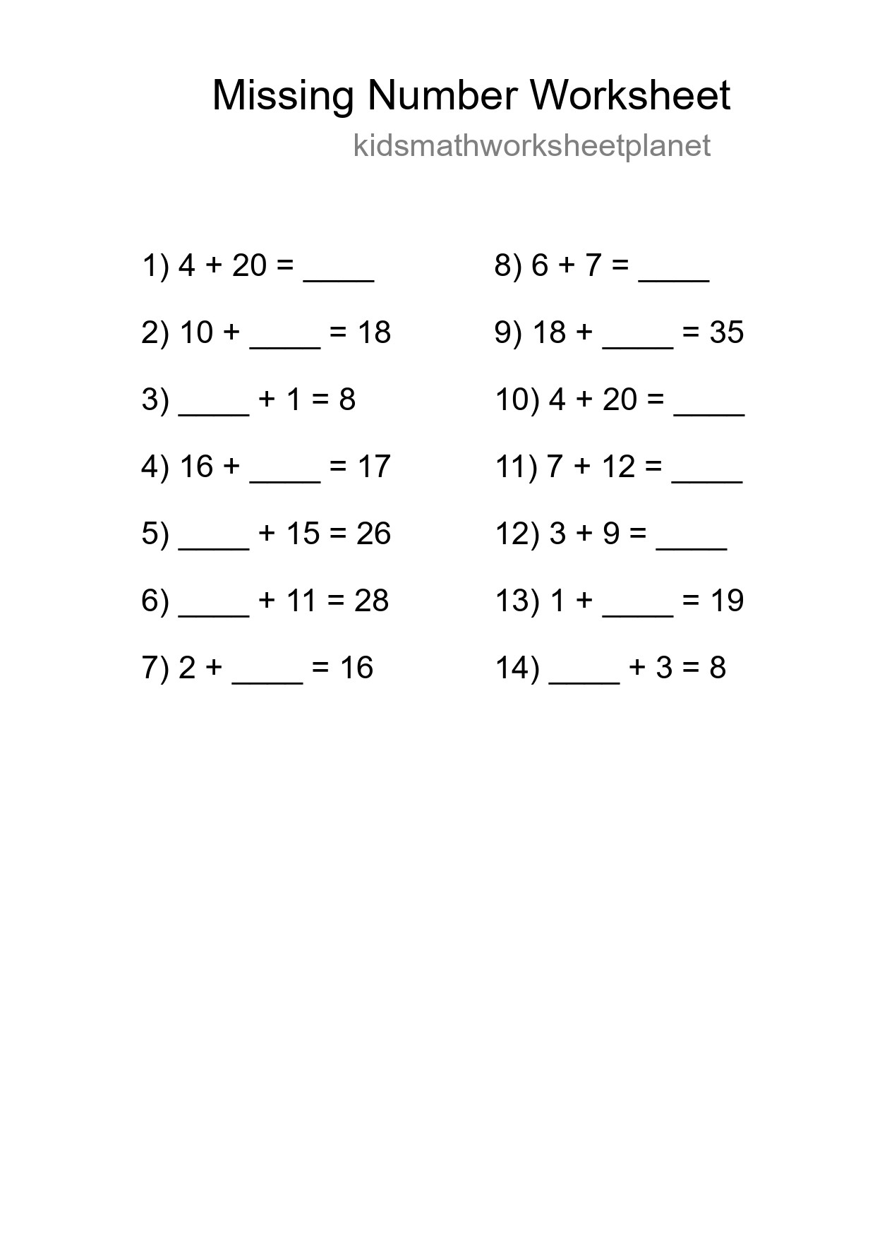 Missing Number Math Worksheet