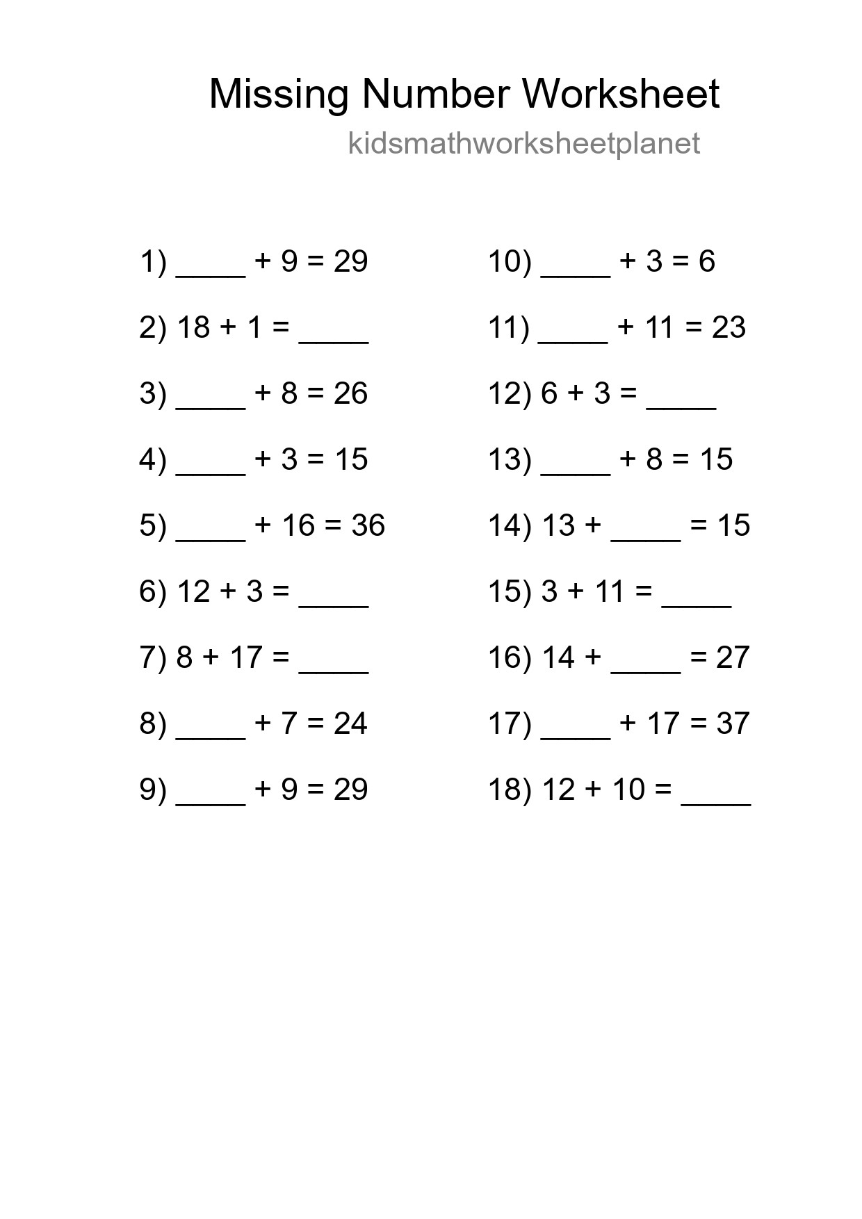 Missing Number Math Worksheet