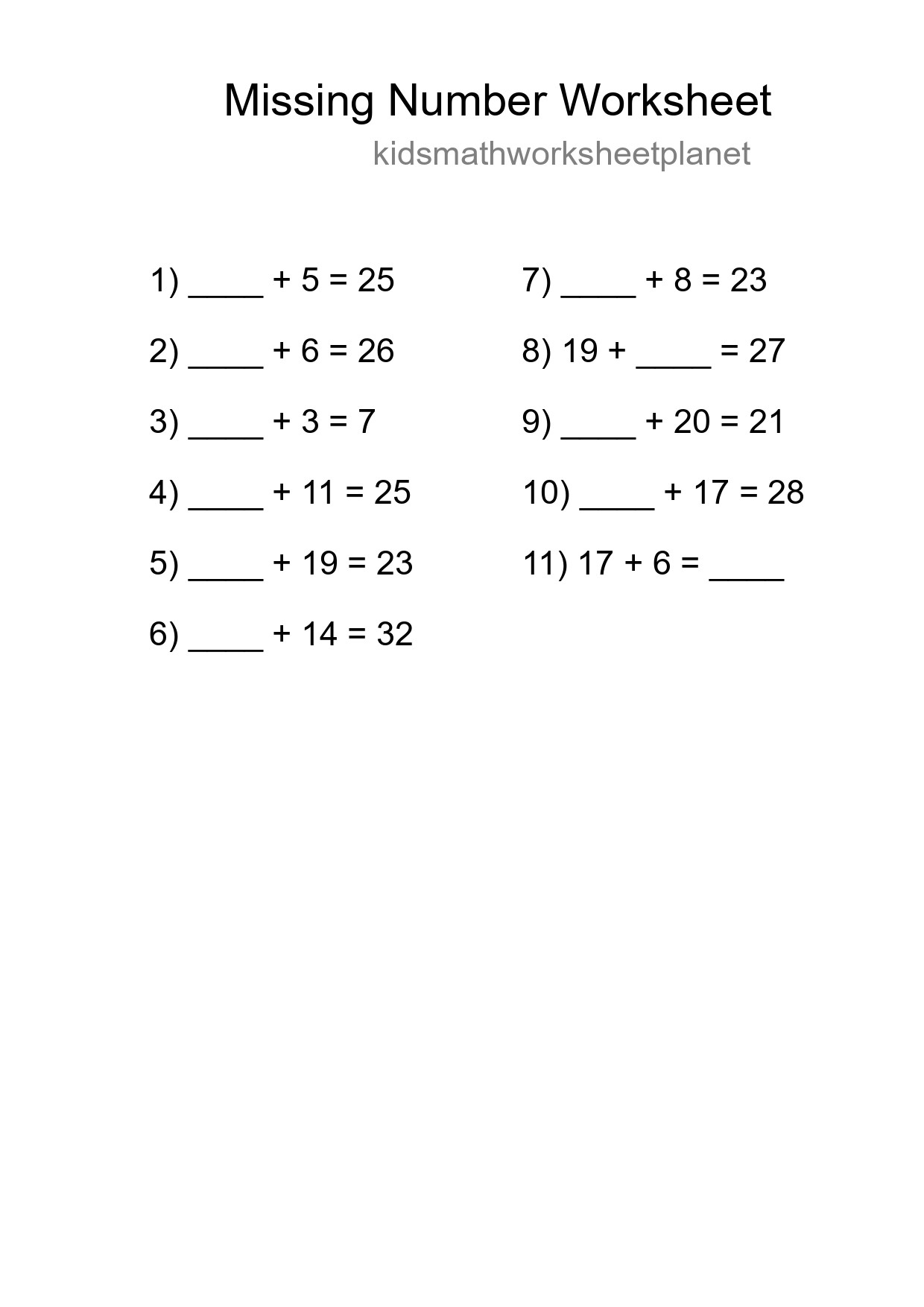 Missing Number Math Worksheet