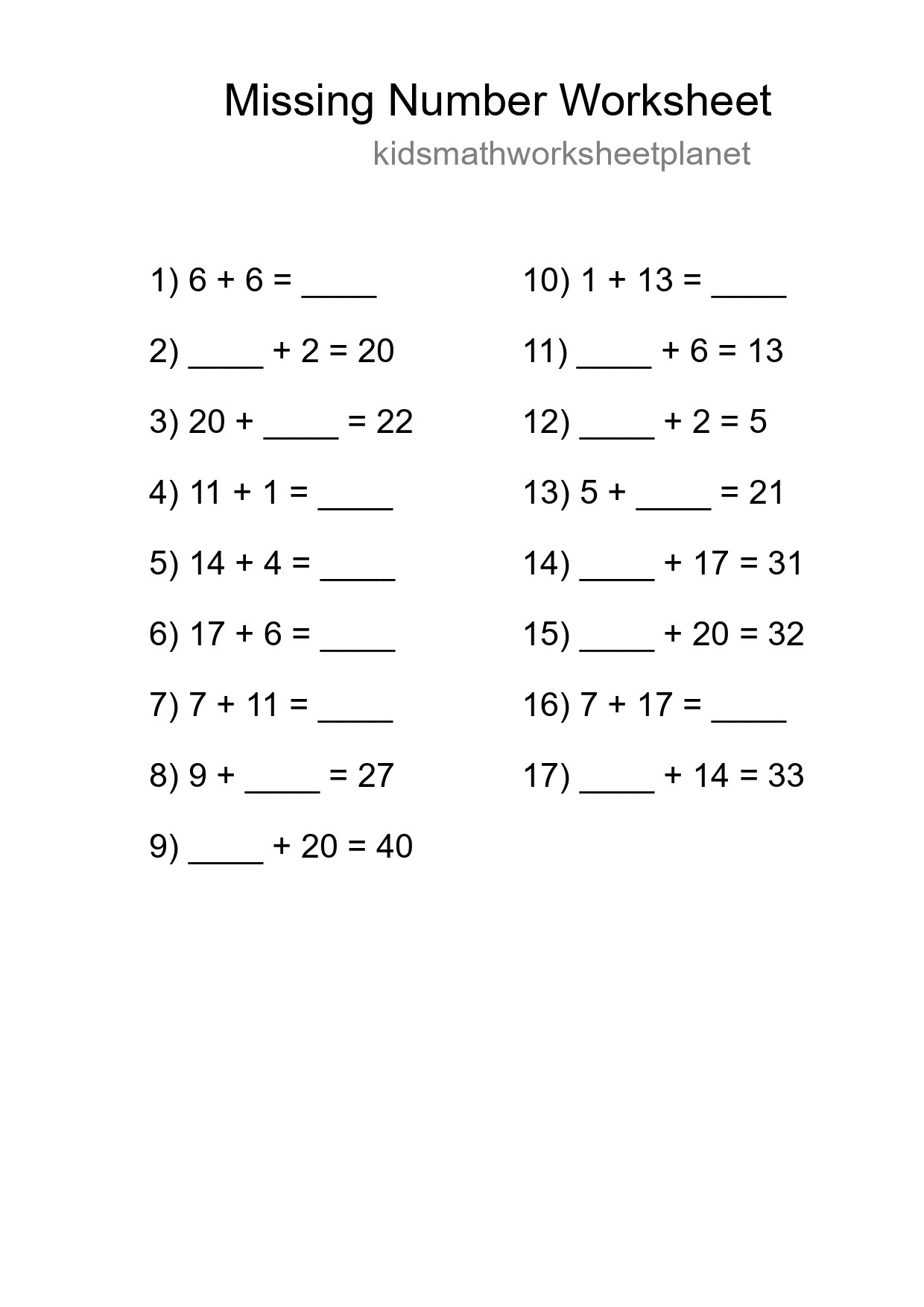 Missing Number Math Worksheet