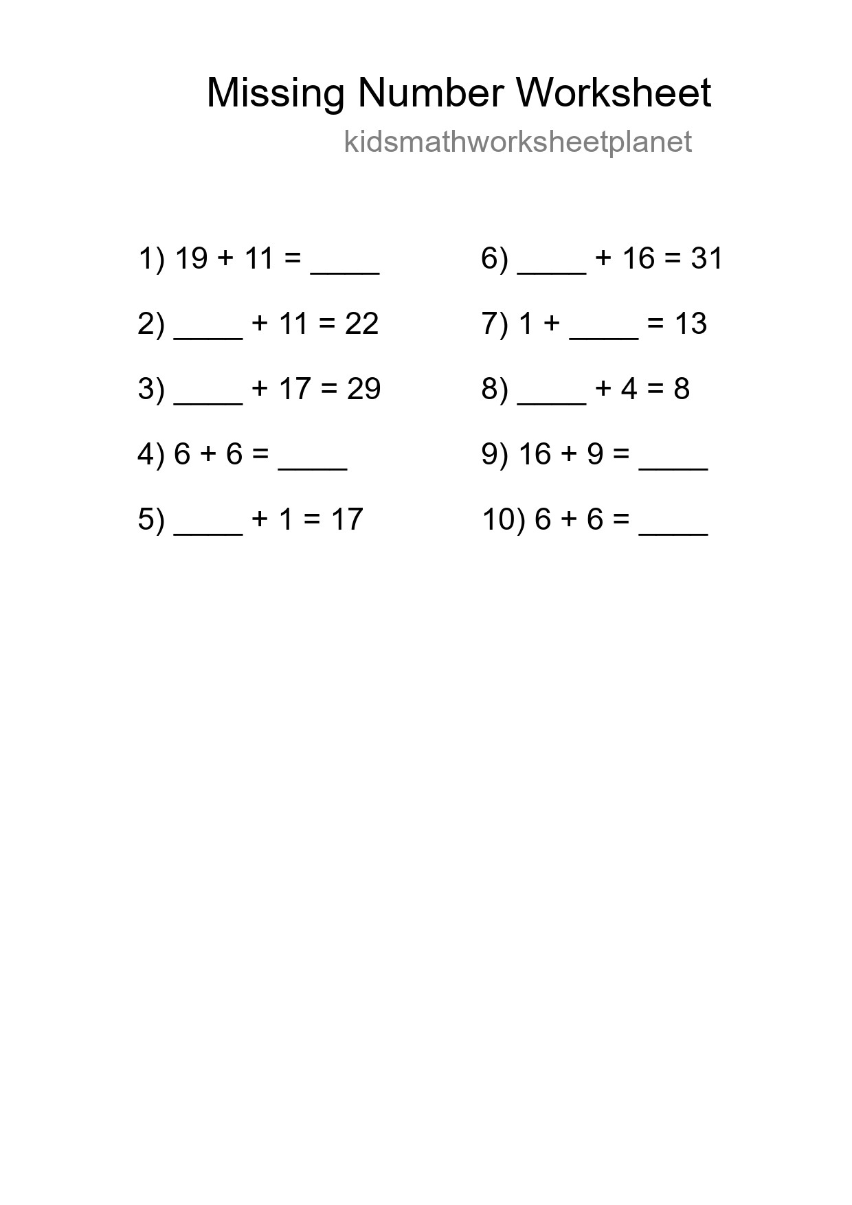 Missing Number Math Worksheet