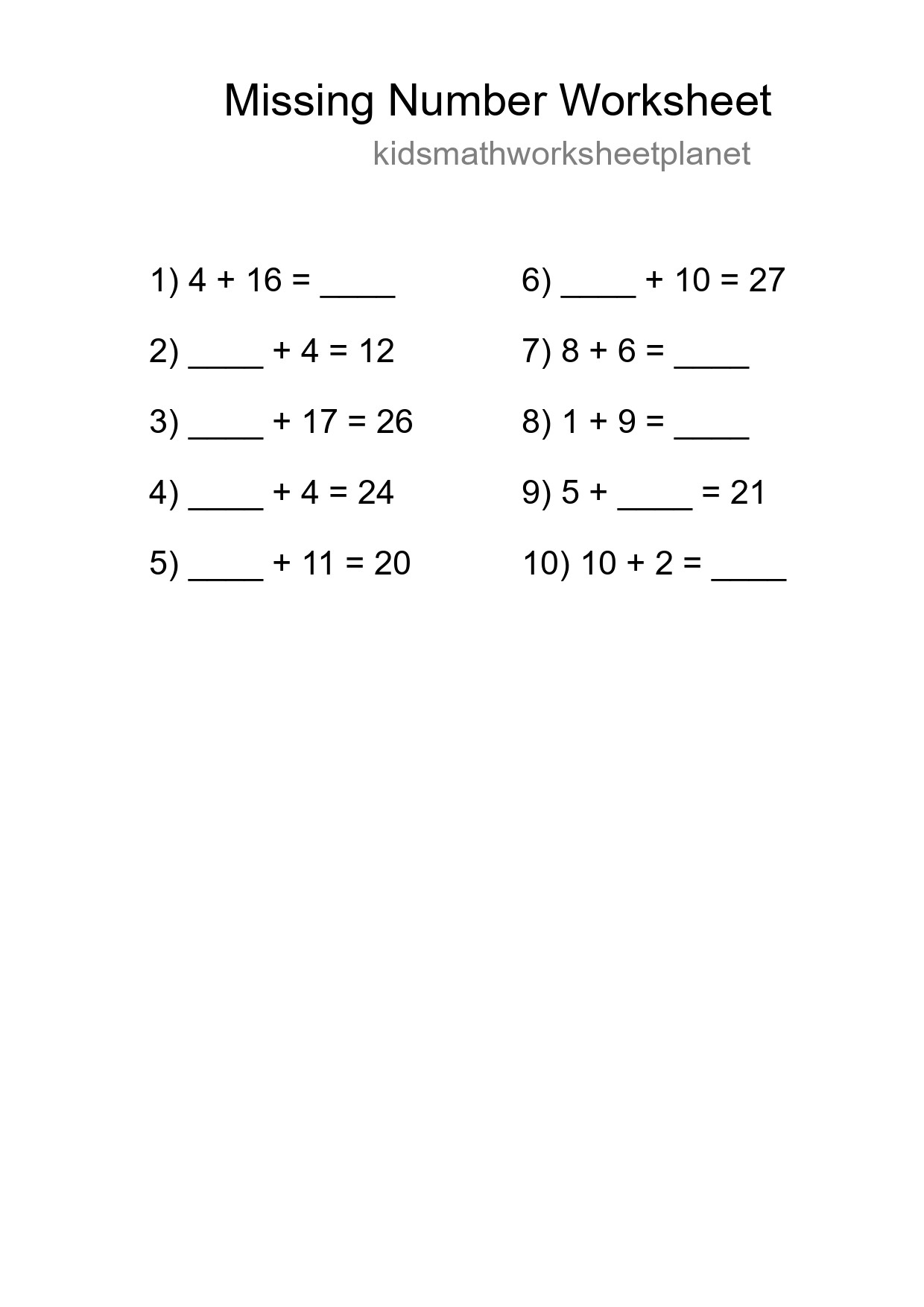 Missing Number Math Worksheet