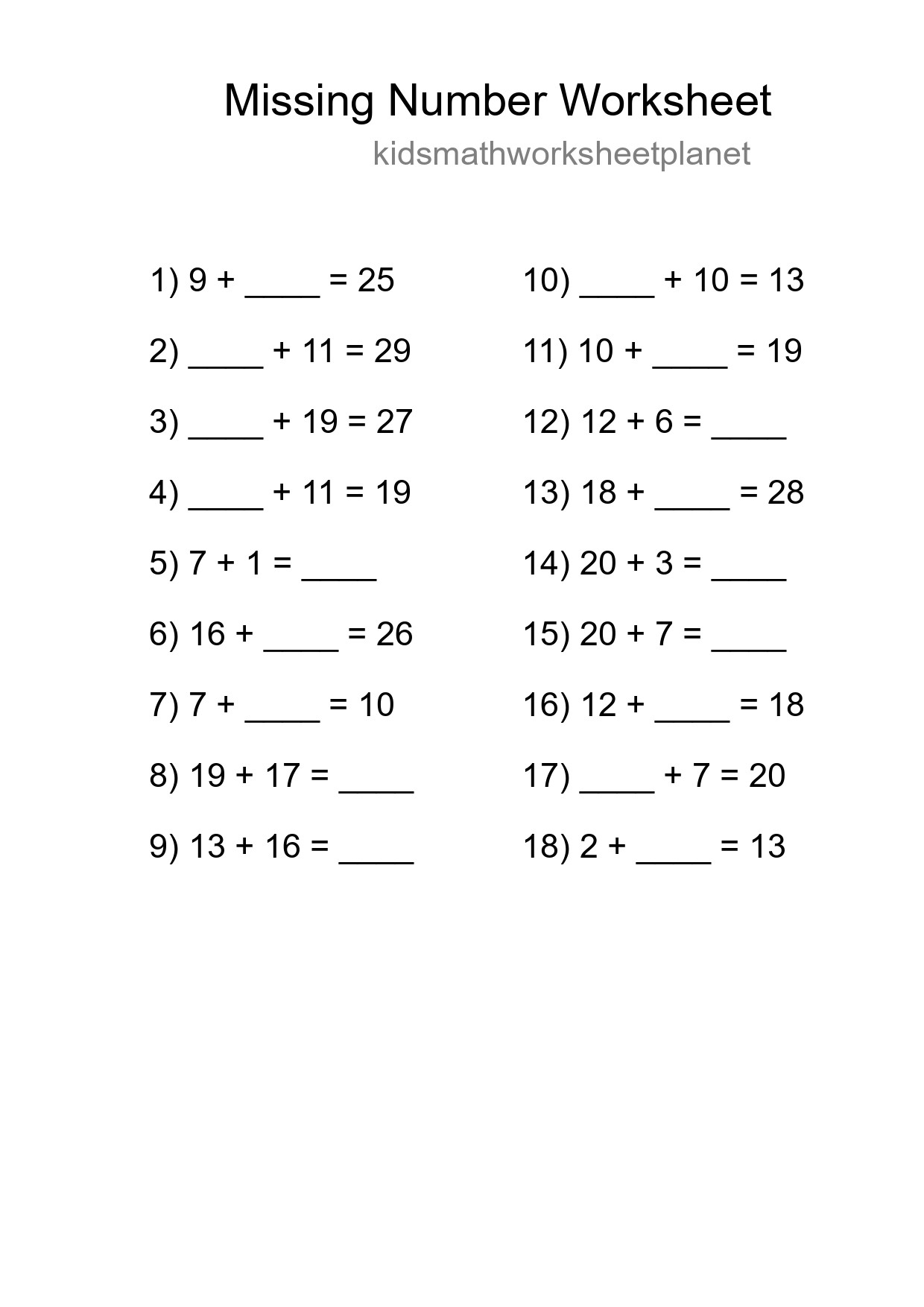 Missing Number Math Worksheet