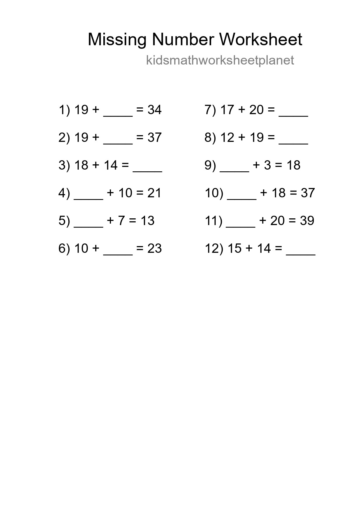 Missing Number Math Worksheet