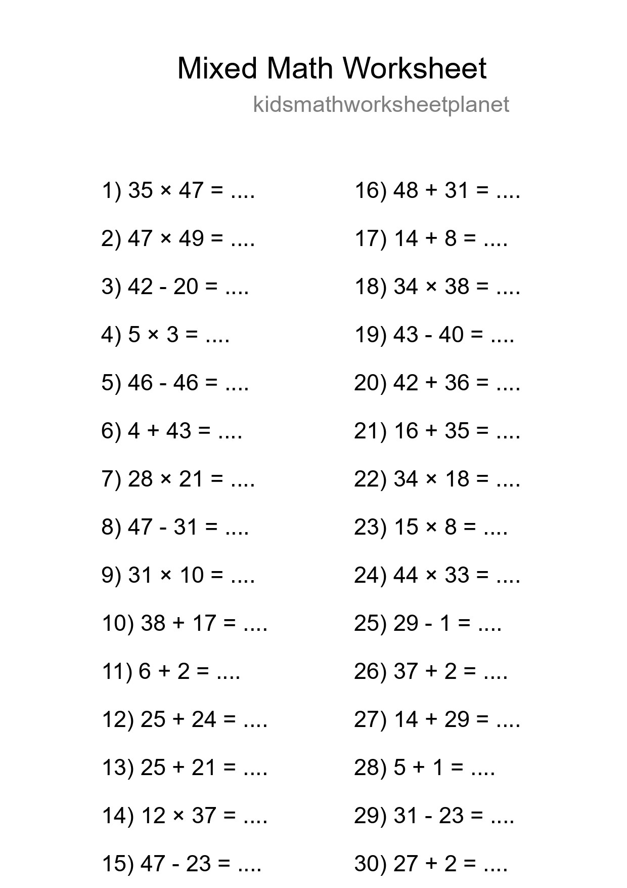 Mixed Operations Math Worksheet