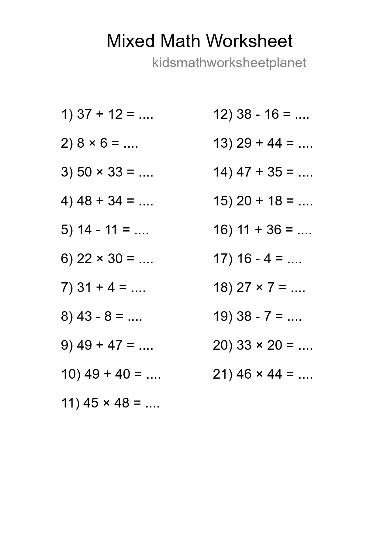 Mixed Operations Math Worksheet