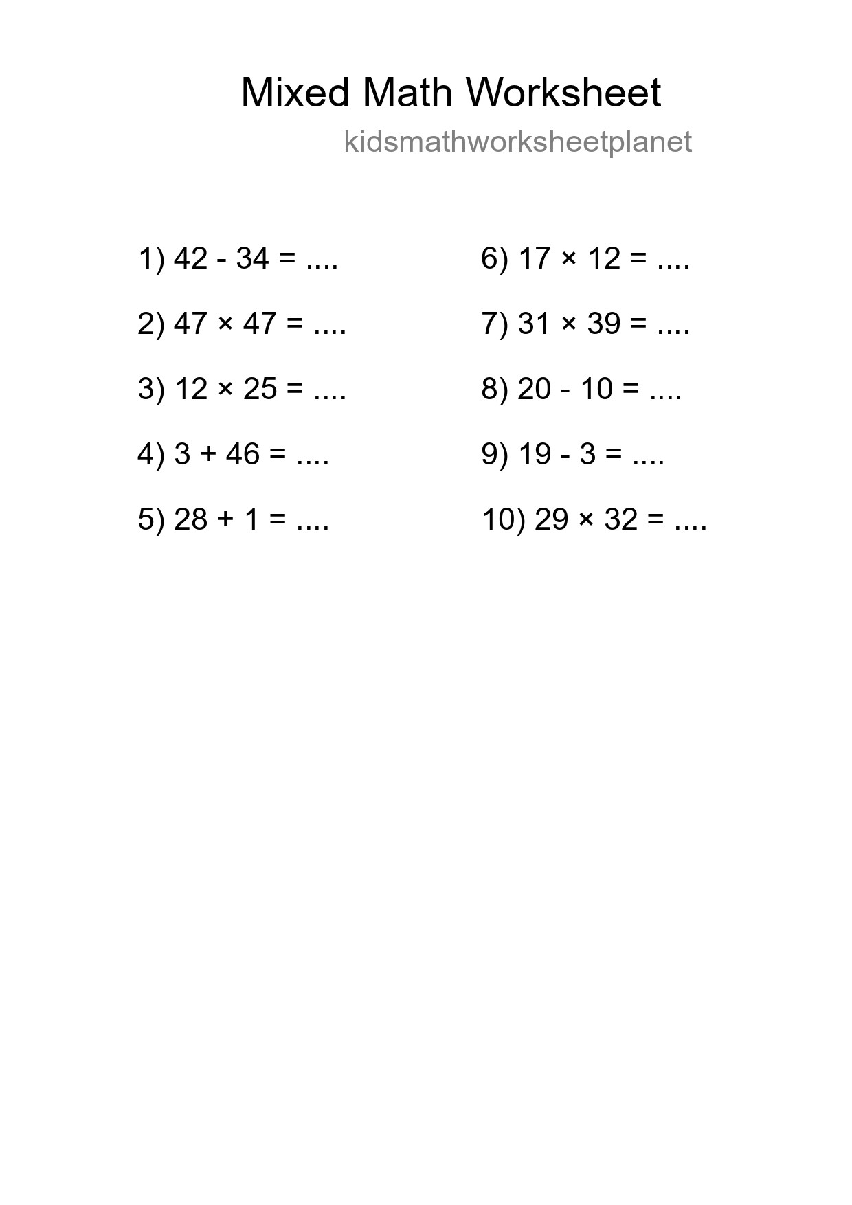Mixed Operations Math Worksheet