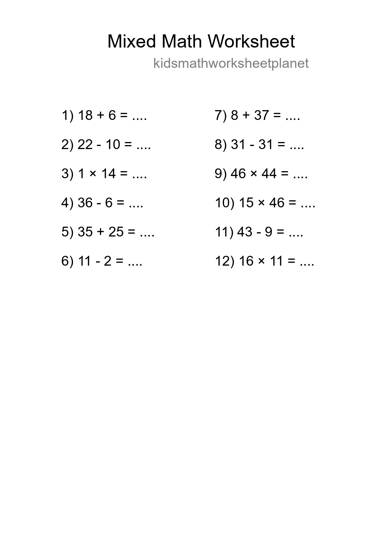 Mixed Operations Math Worksheet