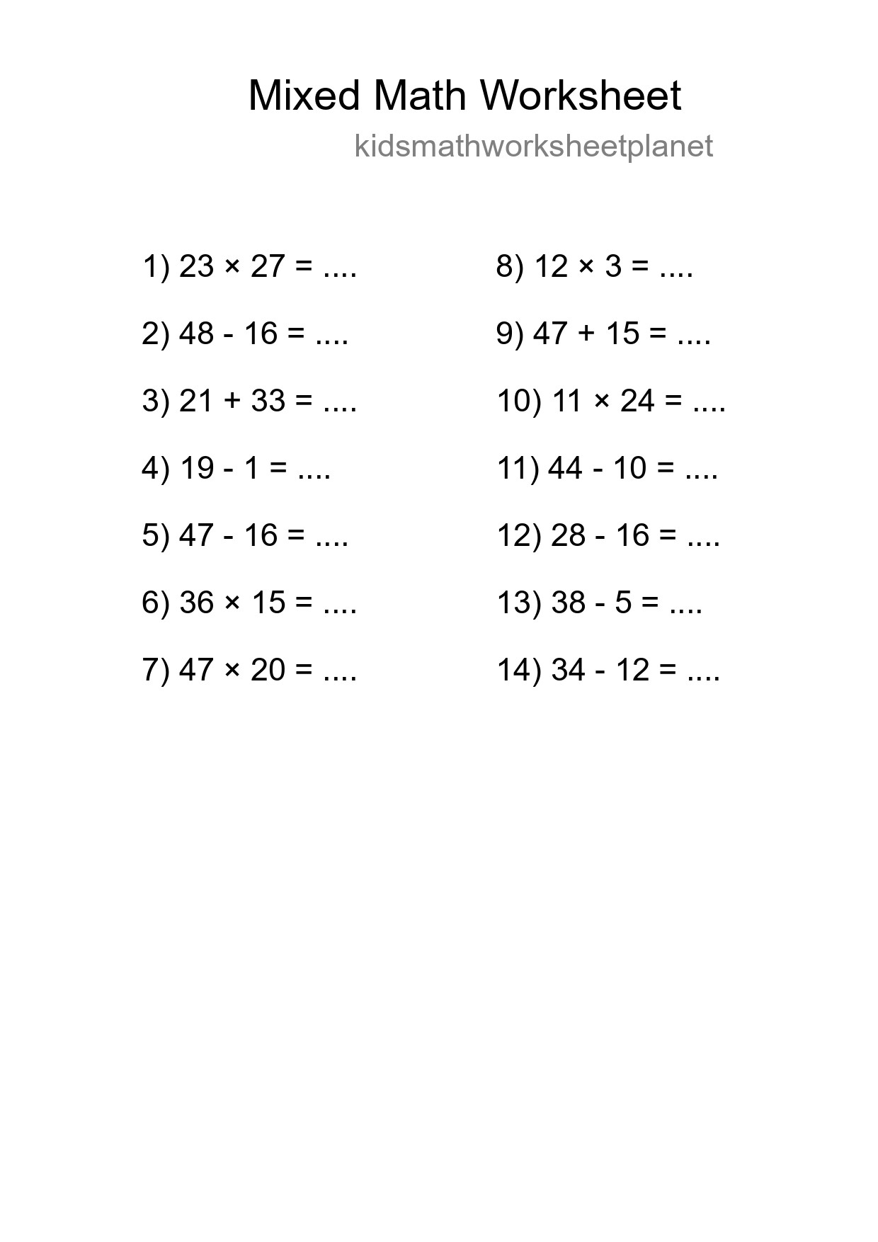 Mixed Operations Math Worksheet