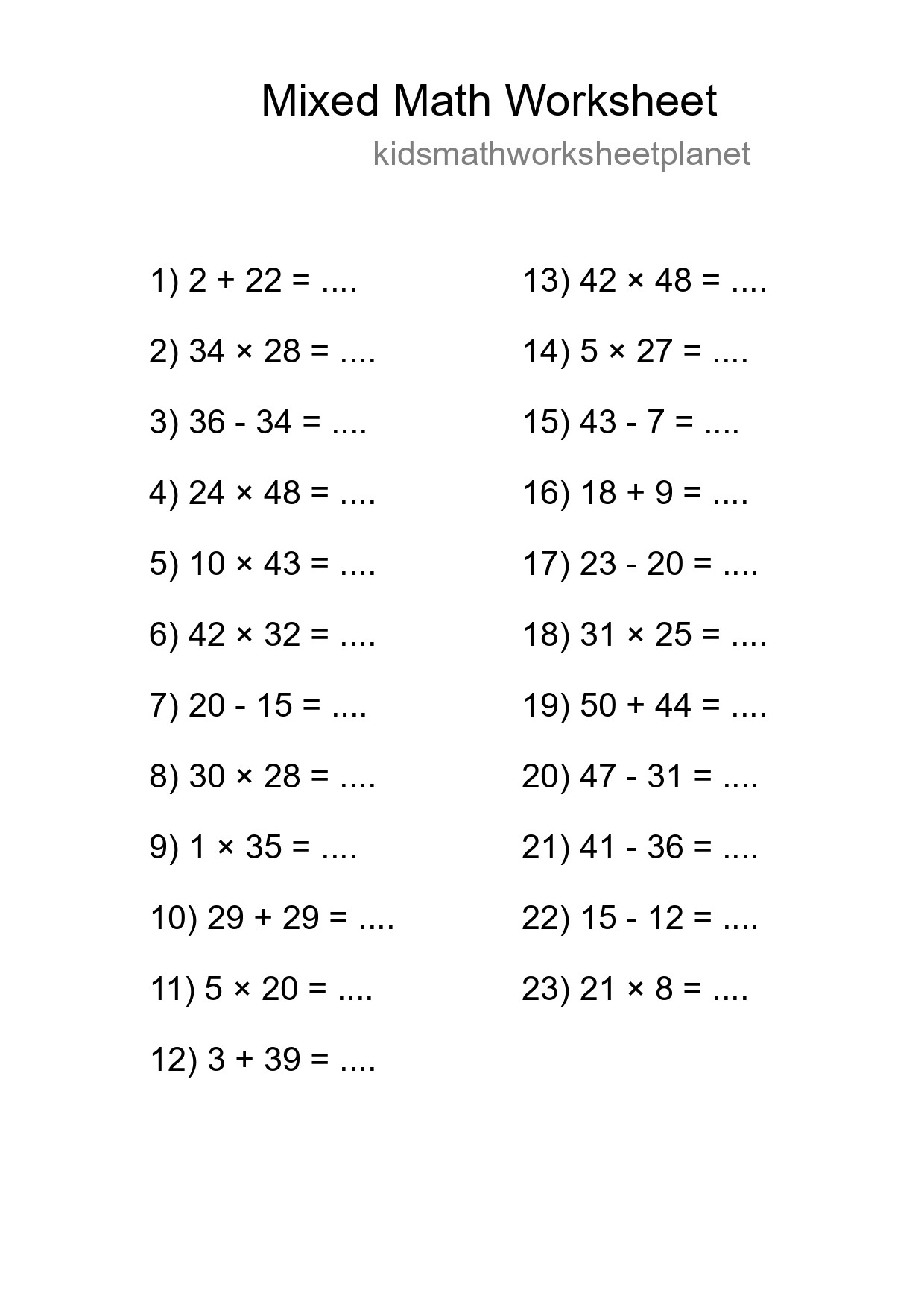 Mixed Operations Math Worksheet