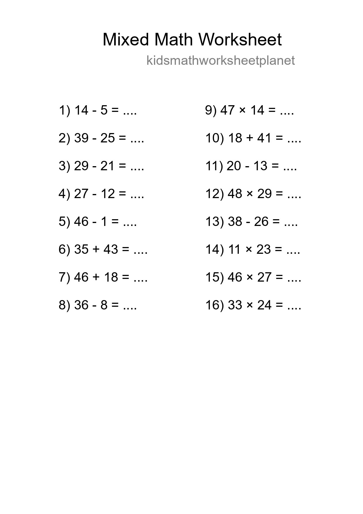 Mixed Operations Math Worksheet