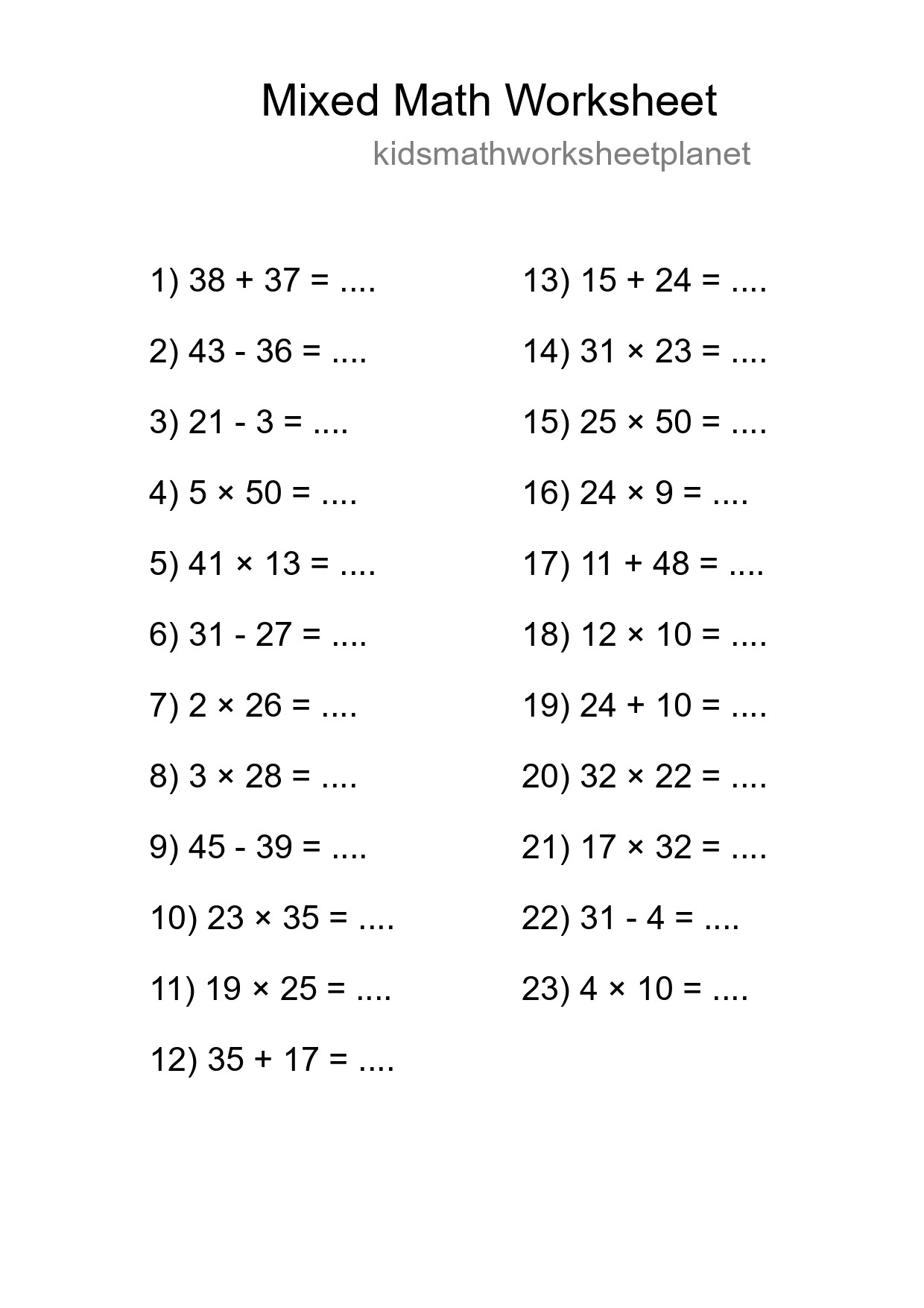 Mixed Operations Math Worksheet