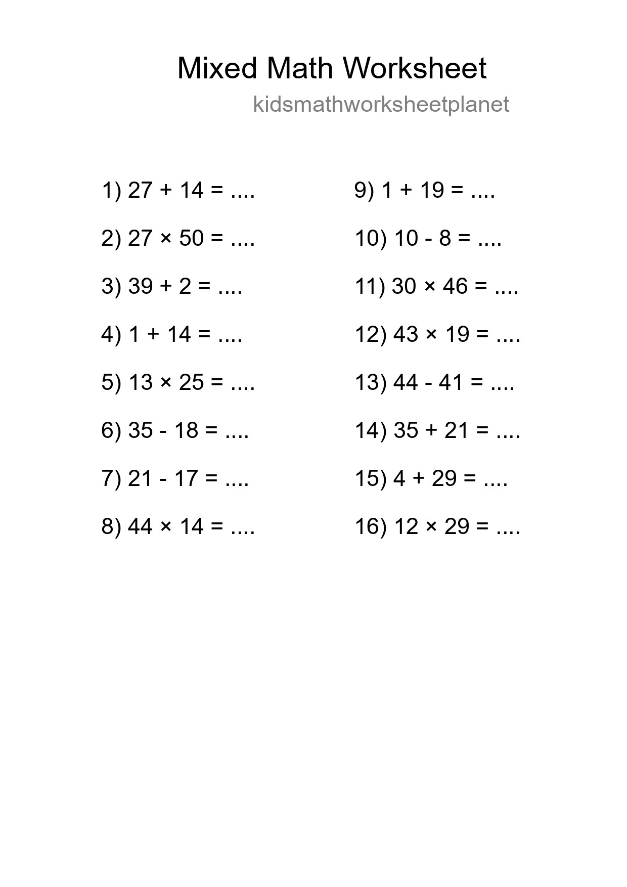 Mixed Operations Math Worksheet