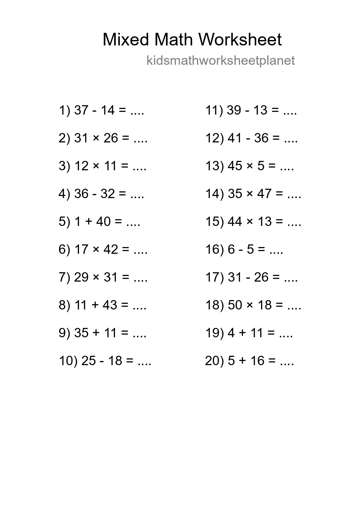 Mixed Operations Math Worksheet