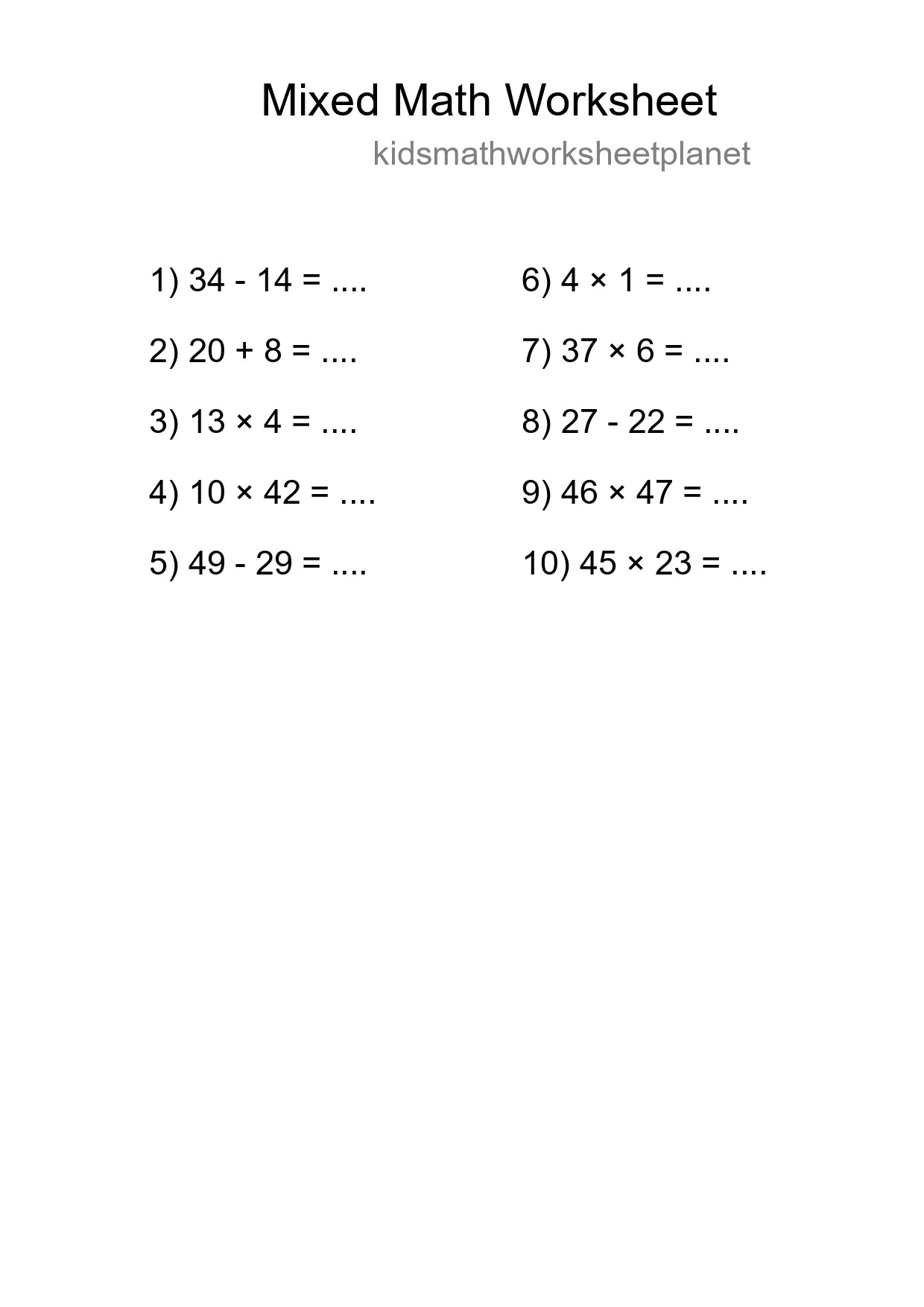 Mixed Operations Math Worksheet