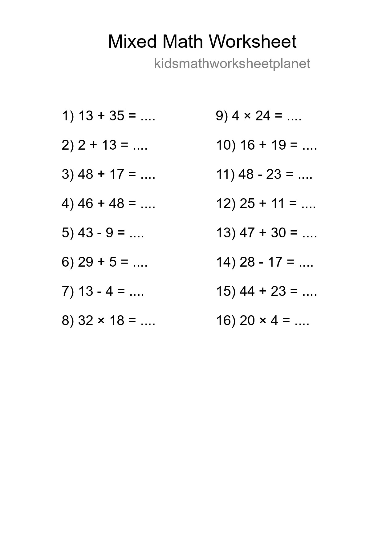 Mixed Operations Math Worksheet