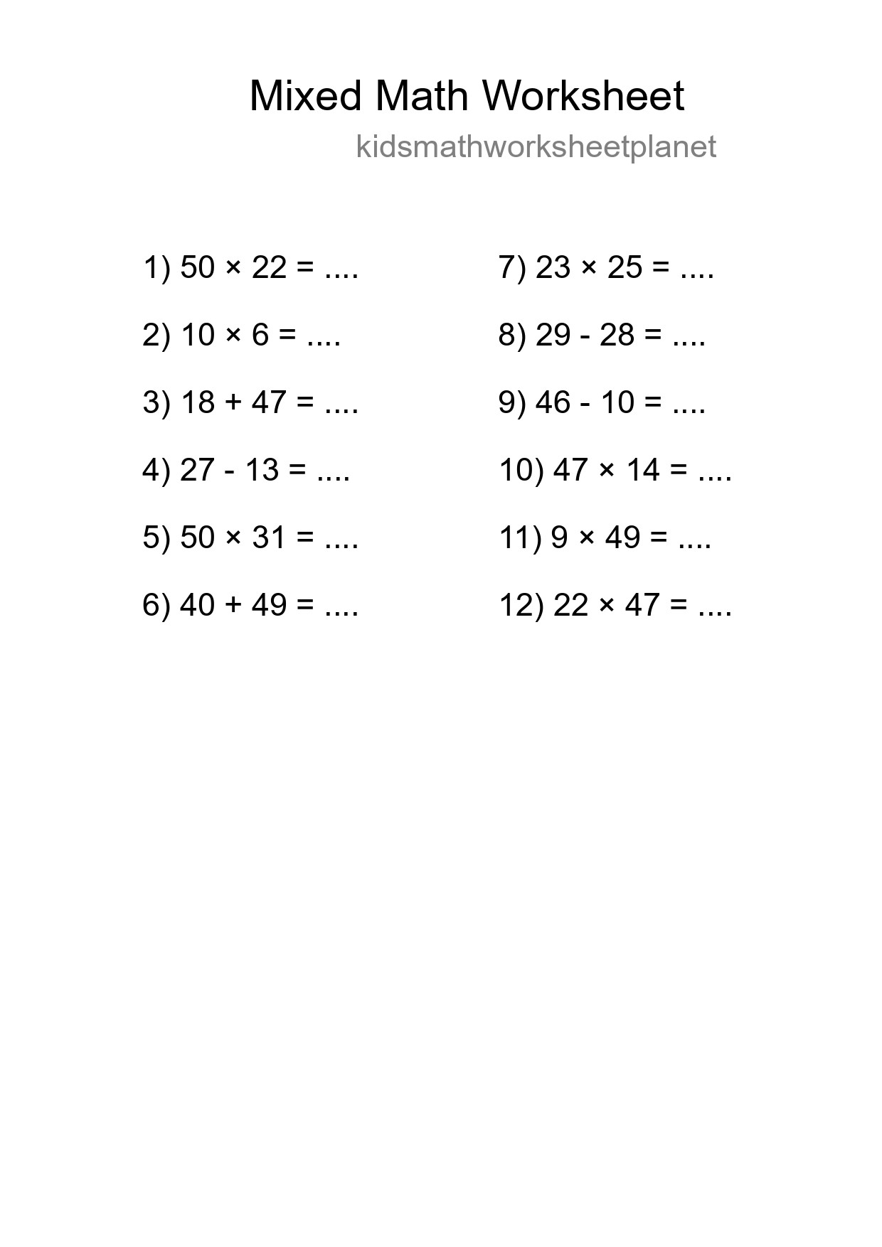 Mixed Operations Math Worksheet