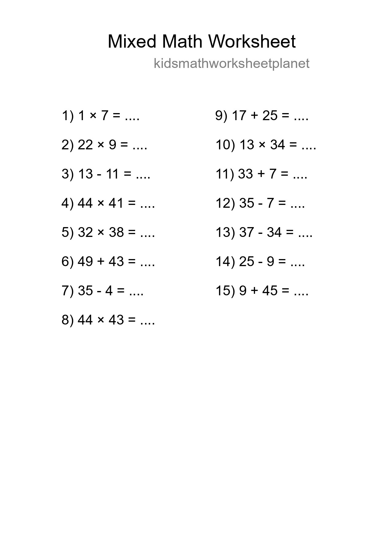 Mixed Operations Math Worksheet
