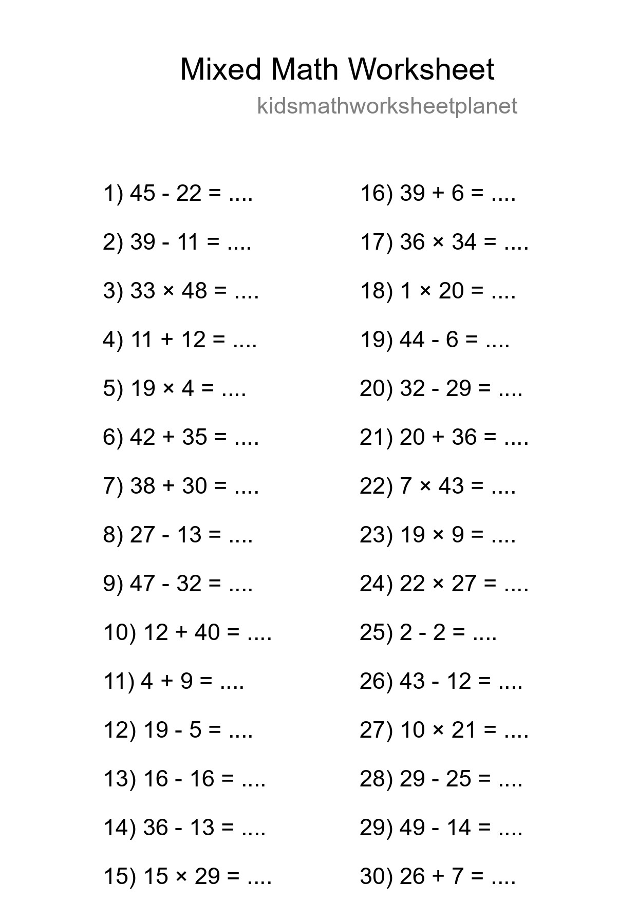 Mixed Operations Math Worksheet
