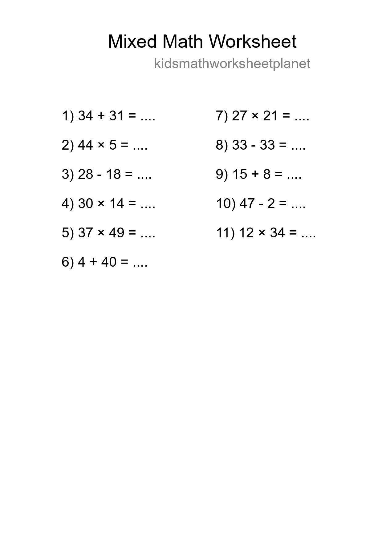 Mixed Operations Math Worksheet