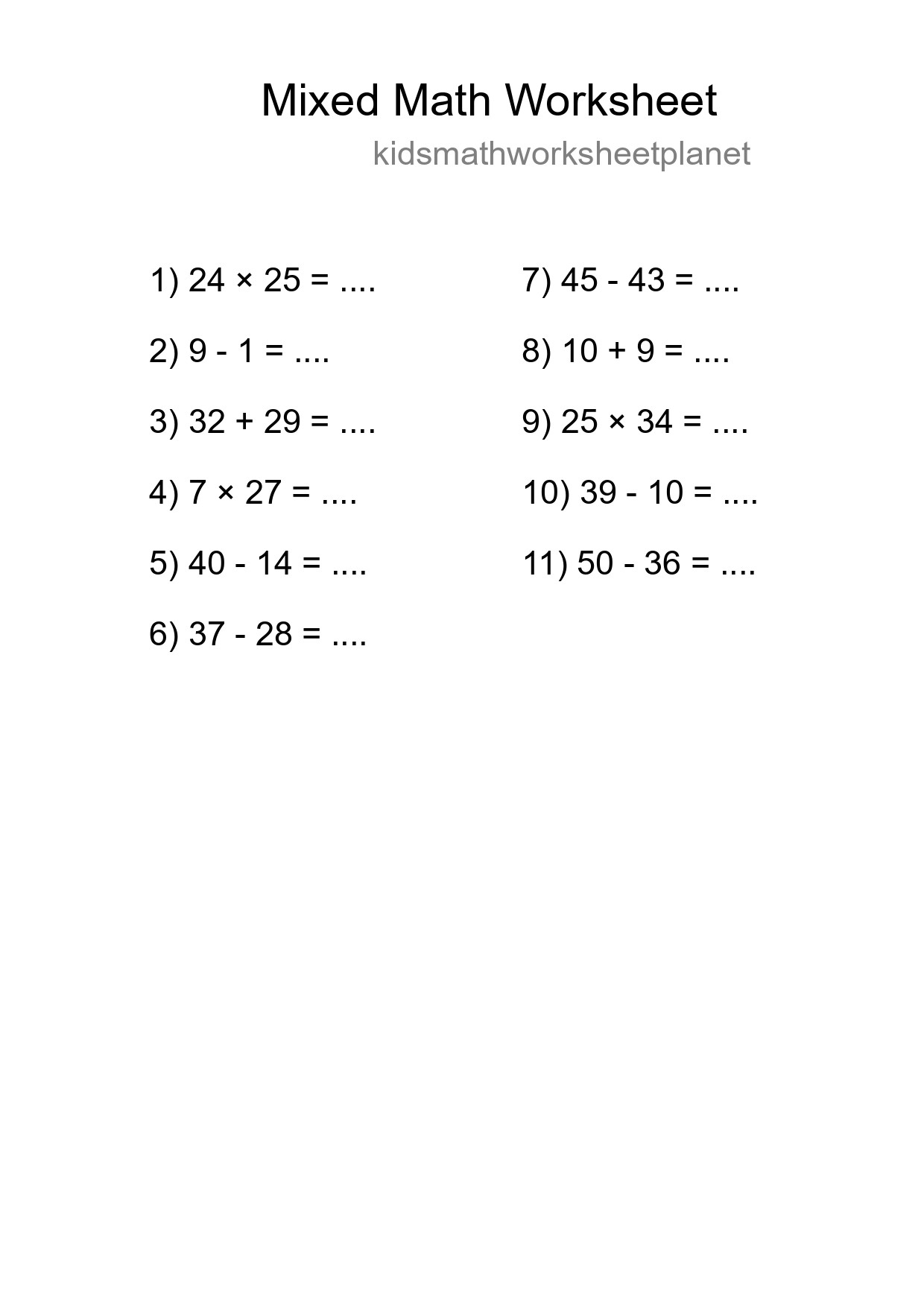 Mixed Operations Math Worksheet
