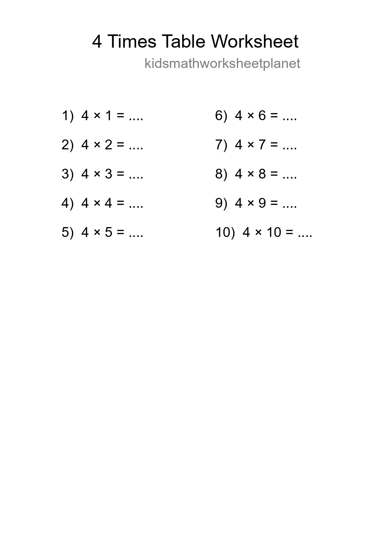 Printable 4 Times Table Worksheet For Grade 2 - Part 20