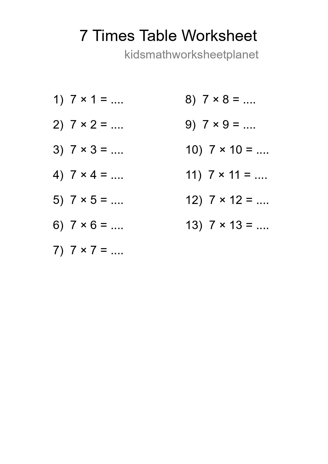 Printable 7 Times Table Worksheet For Grade 3 - Part 42